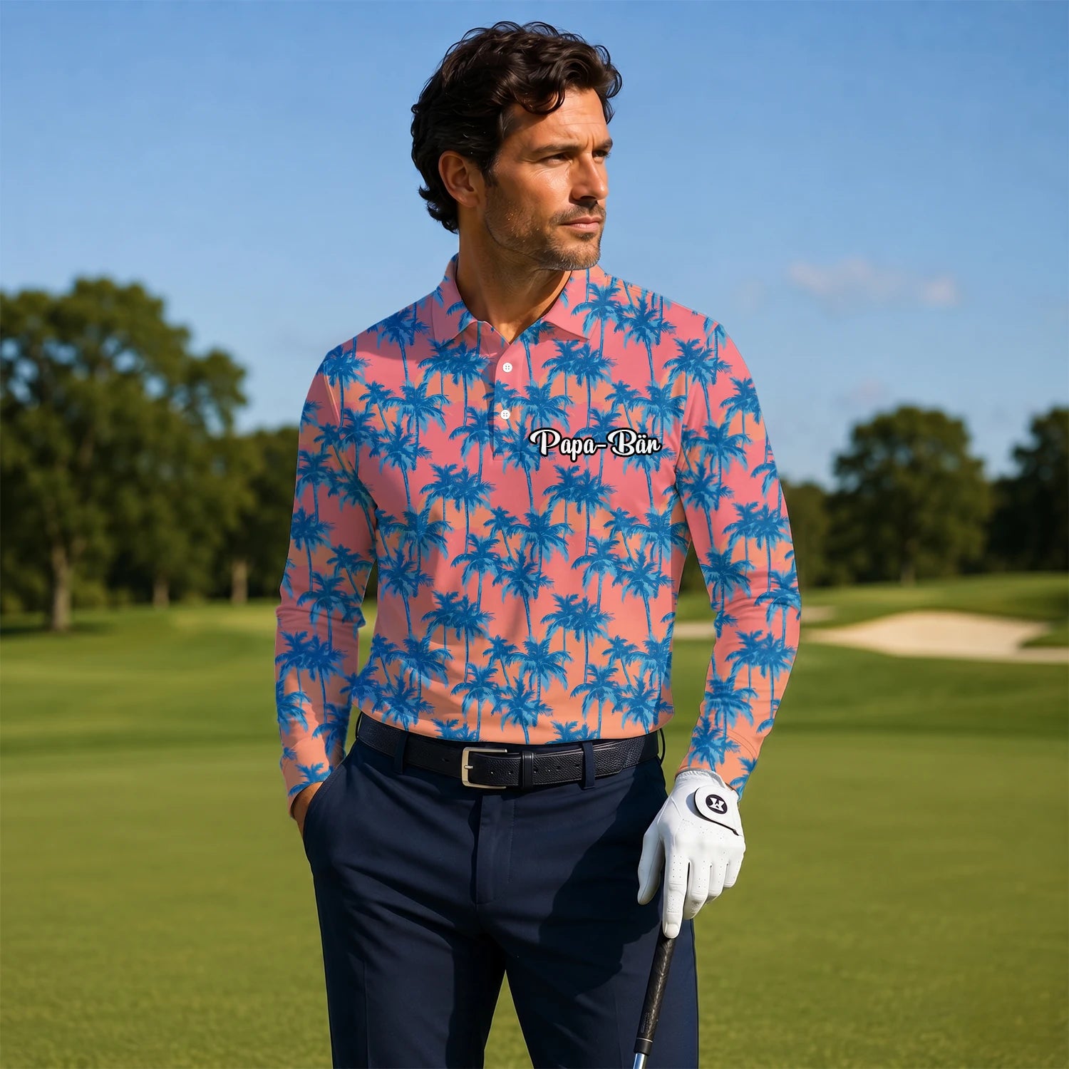 Personalisiertes Golf Poloshirt Korallenrosa Blaues Palmen Design für Herren A5845