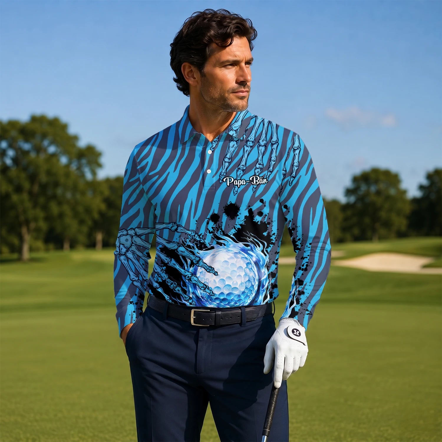 Personalisiertes Golf Poloshirt Blau Schwarzes Golfball Wasser Splash Design für Herren B9791