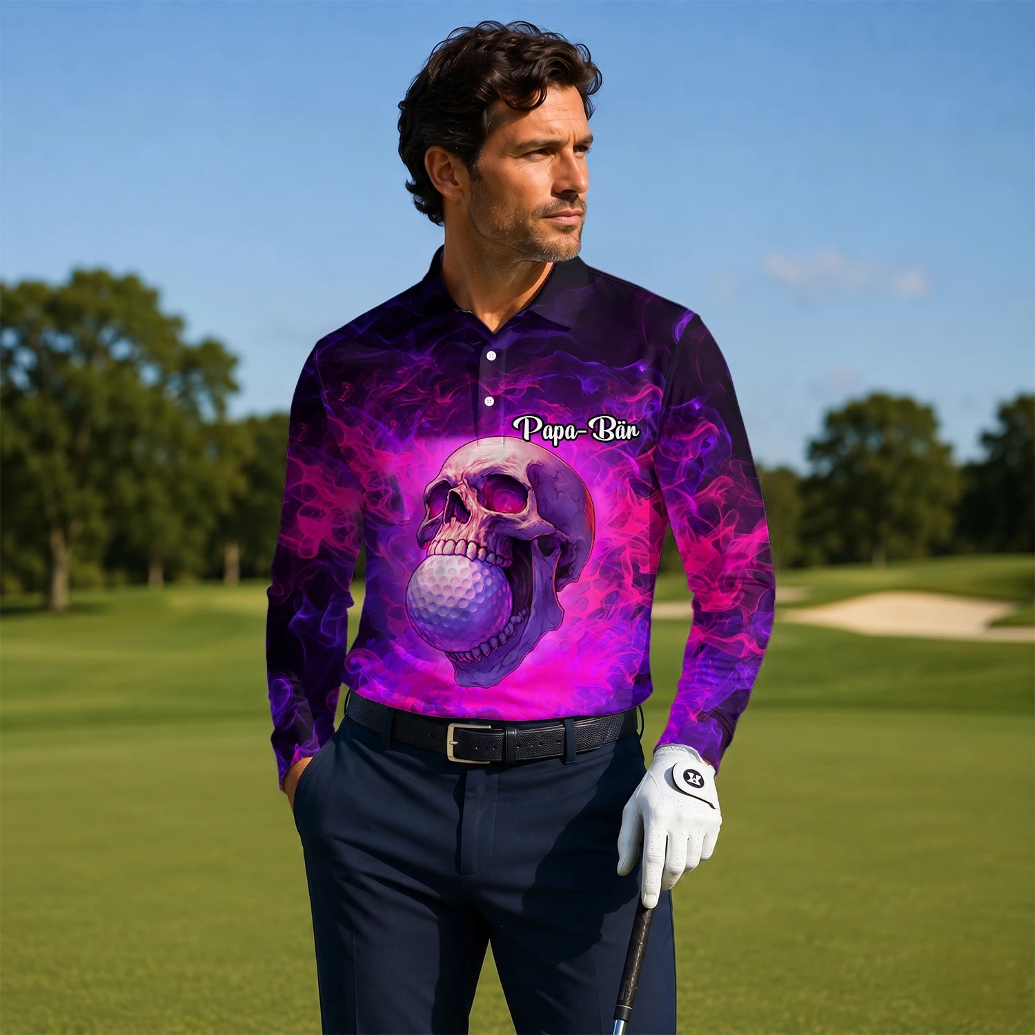Personalisiertes Golf Poloshirt Lila Rosa Totenkopf Golfball Smoke Design für Herren L7637