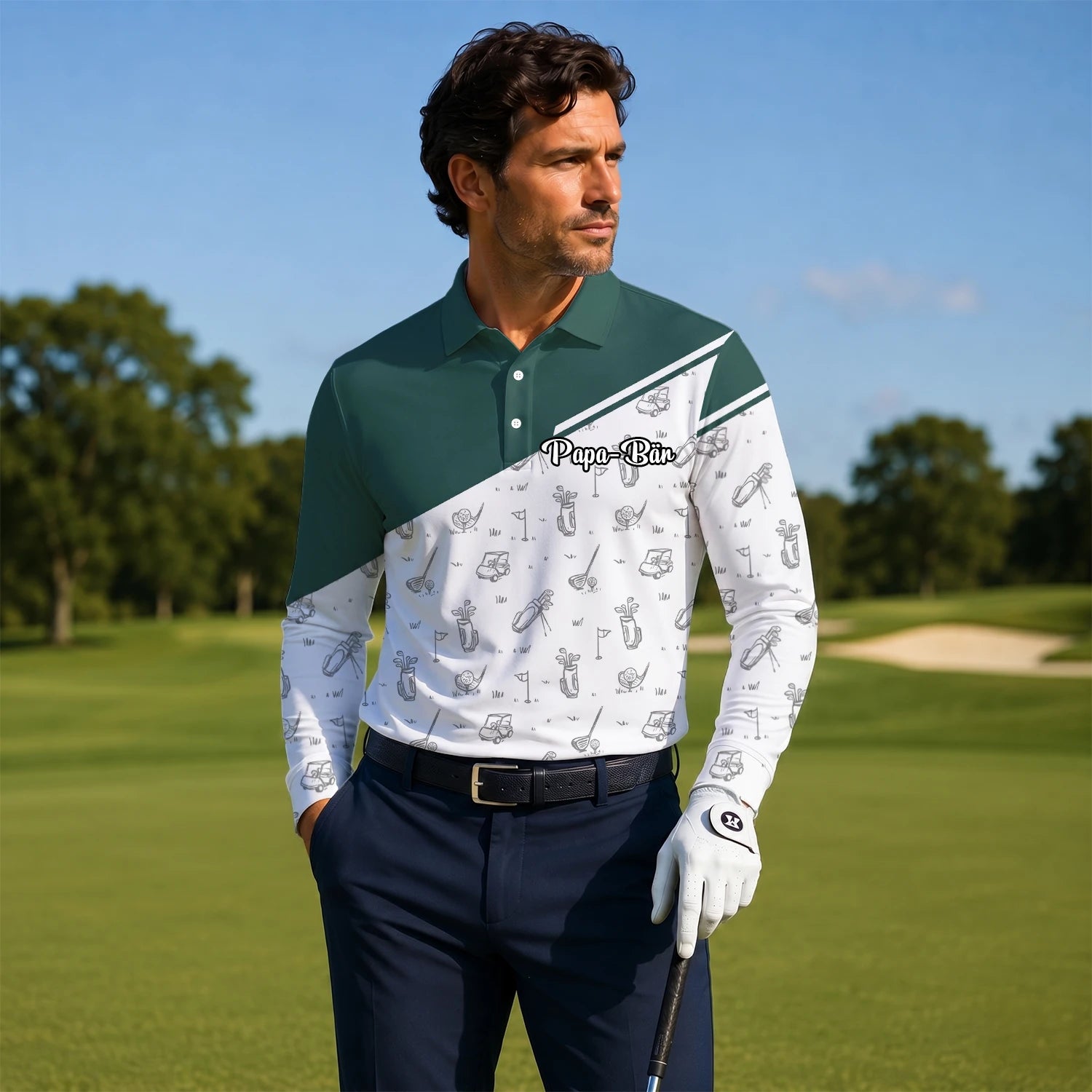 Personalisiertes Golf Poloshirt Grün Weißes Golfschläger Skizzen Design für Herren L9936