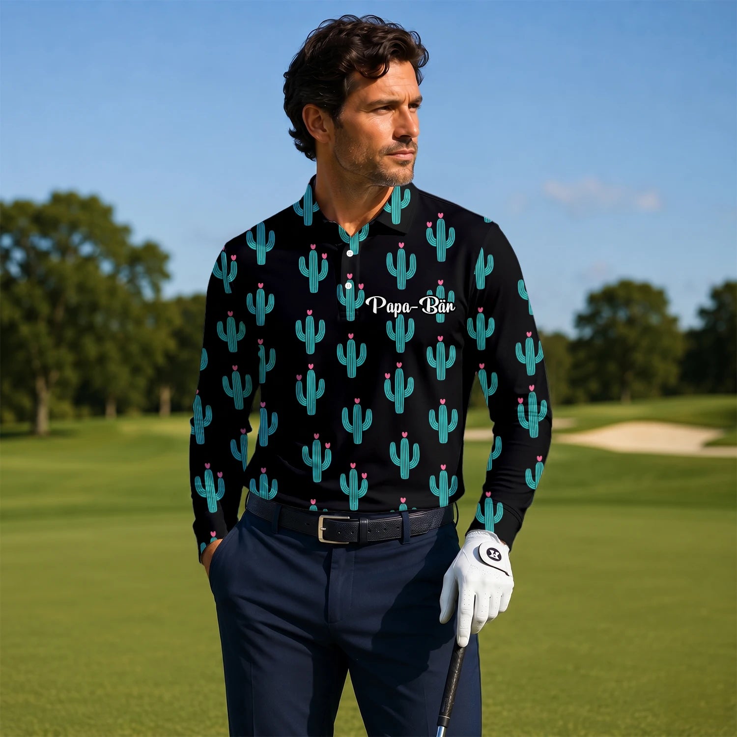 Personalisiertes Golf Poloshirt Schwarz Türkis Kaktus Herz Design für Herren L0709