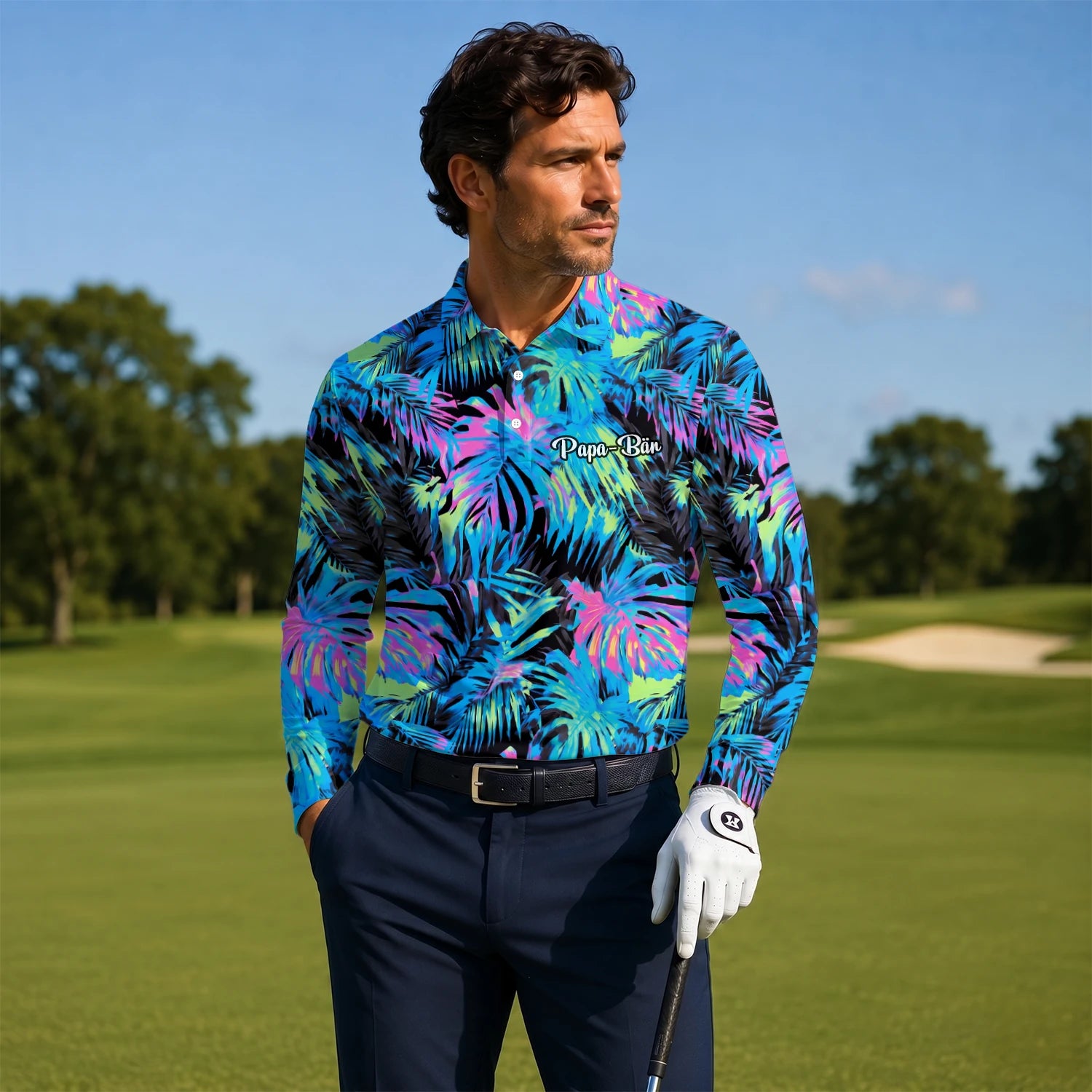 Personalisiertes Golf Poloshirt Schwarz Neon Tropisches Blätter Design für Herren D2207