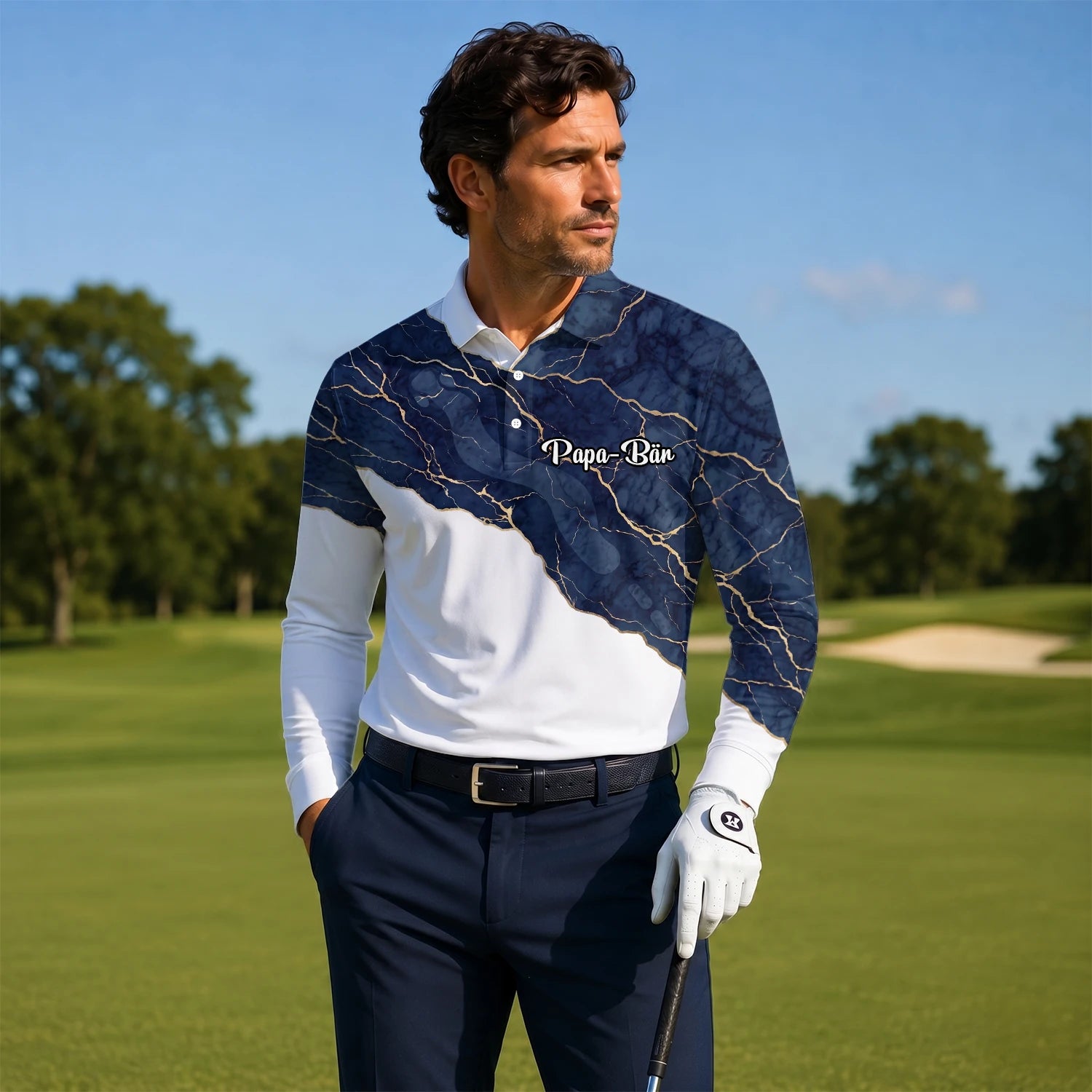 Personalisiertes Golf Poloshirt Weiß Marineblaues Marmor Goldadern Design für Herren B4939
