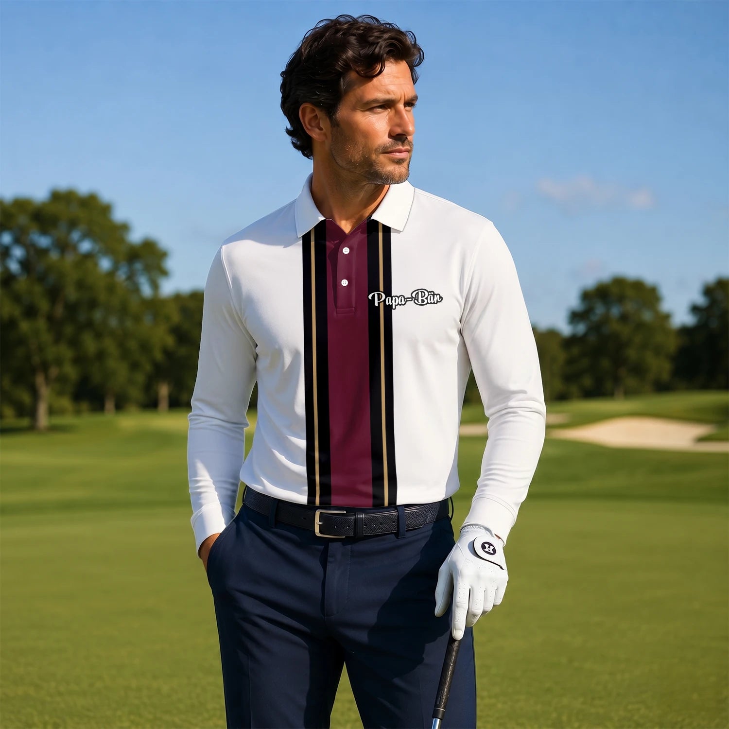 Personalisiertes Golf Poloshirt Weiß Bordeaux Schwarzes Rennstreifen Design für Herren G7028