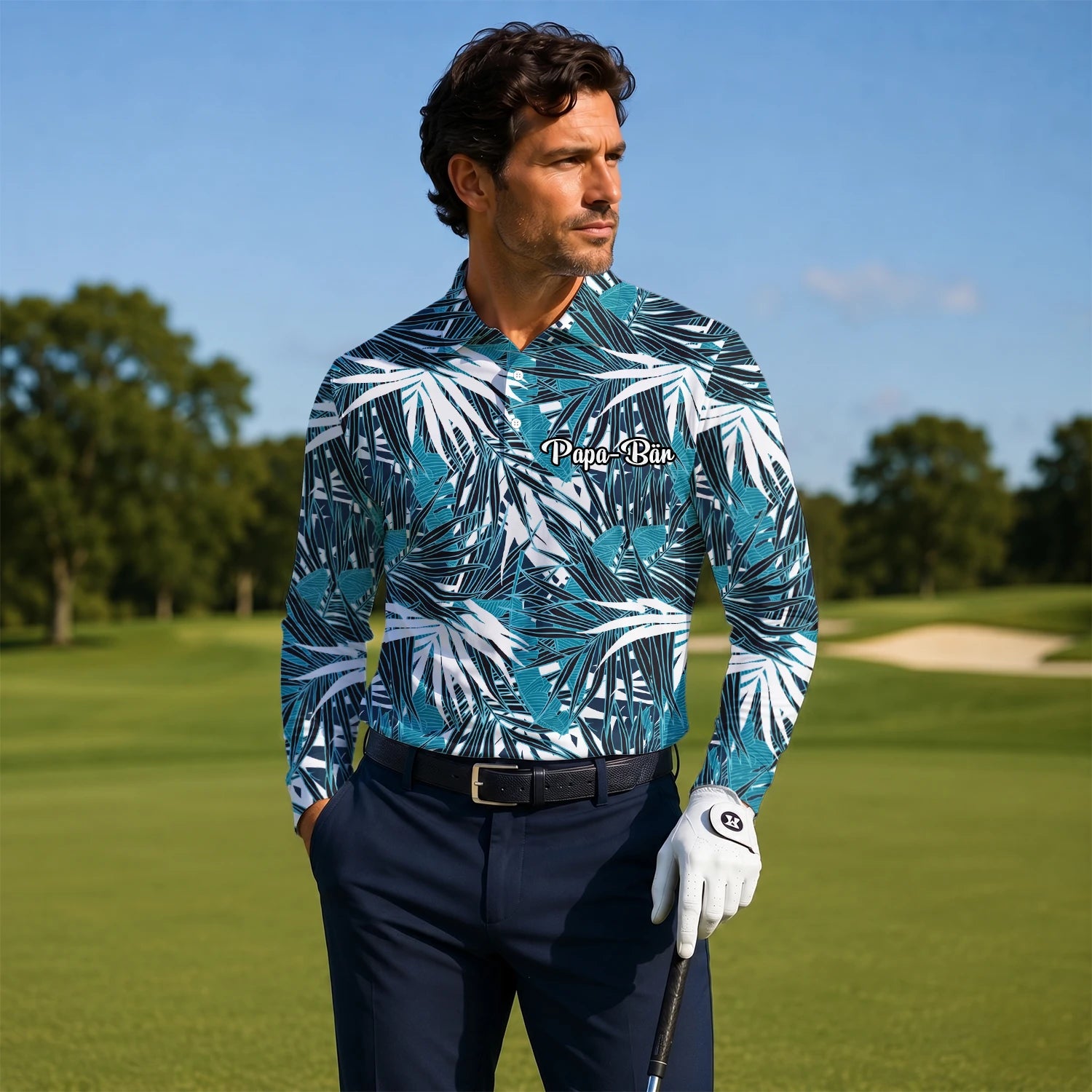Personalisiertes Golf Poloshirt Türkis Schwarz Weißes Palmenblätter Design für Herren S8543