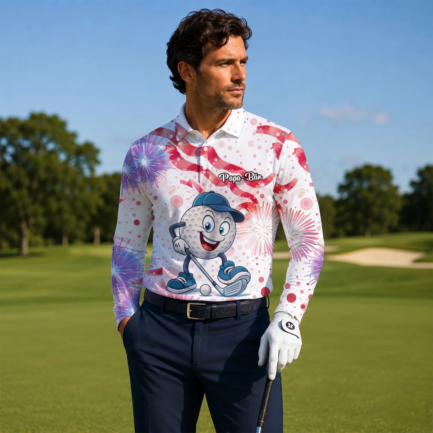 Personalisiertes Golf Poloshirt Weiß Rosa Golfball Cartoon Feuerwerk Design für Herren C2083