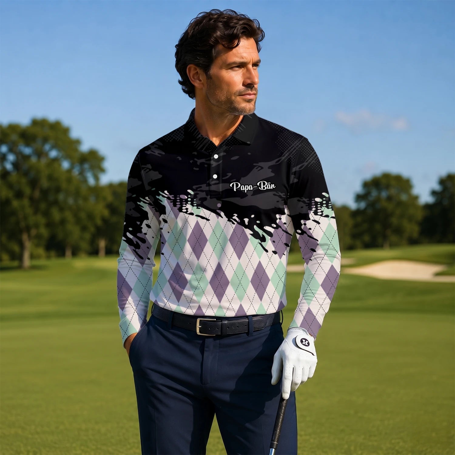 Personalisiertes Golf Poloshirt Schwarz Mint Lila Rauten Farbklecks Design für Herren C5124