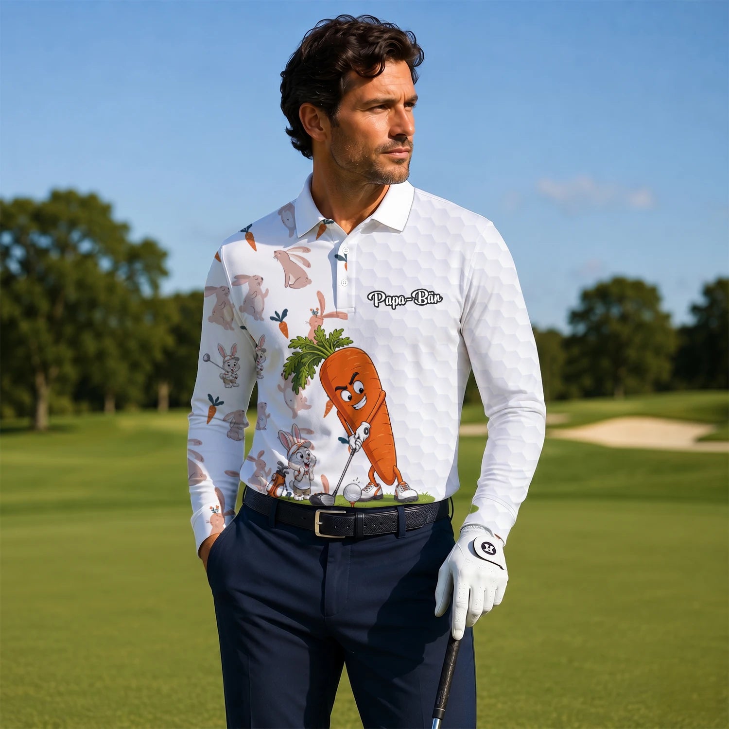 Personalisiertes Golf Poloshirt Weiß Karotten Hase Golfer Cartoon Design für Herren Y6359