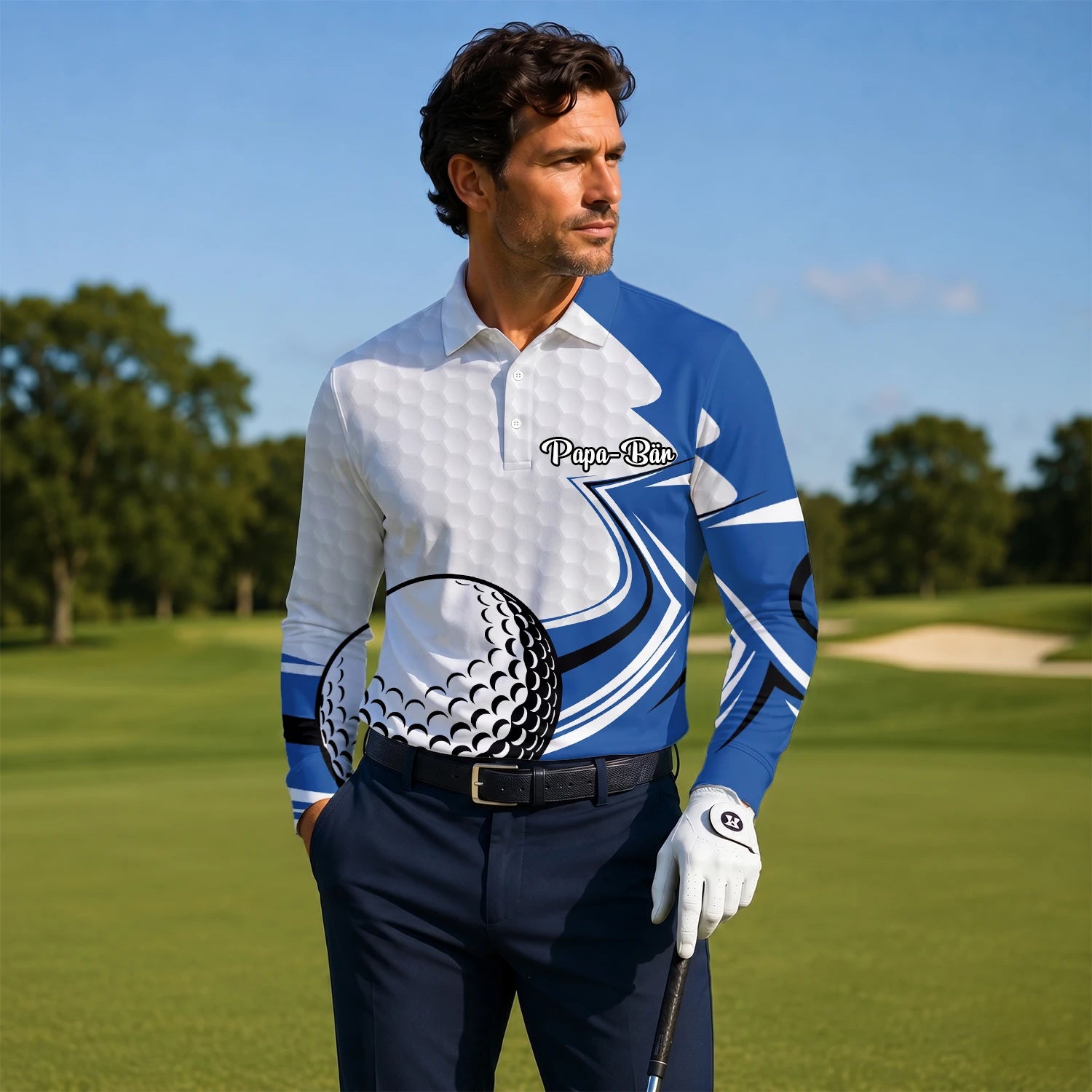 Personalisiertes Golf Poloshirt Weiß Blaues Golfball Waben Design für Herren S7973
