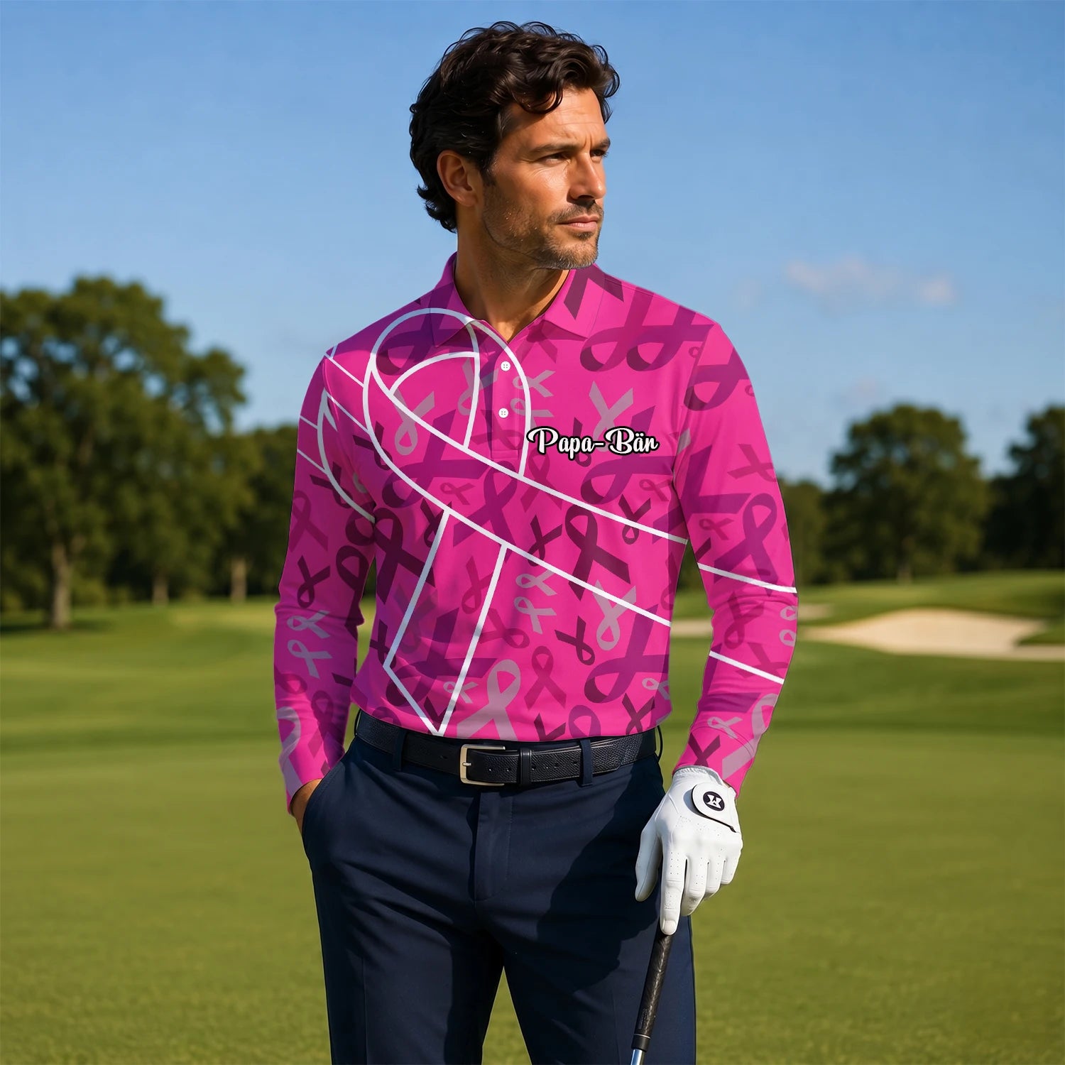 Personalisiertes Golf Poloshirt Rosa Brustkrebs Awareness Schleifen Design für Herren O4093