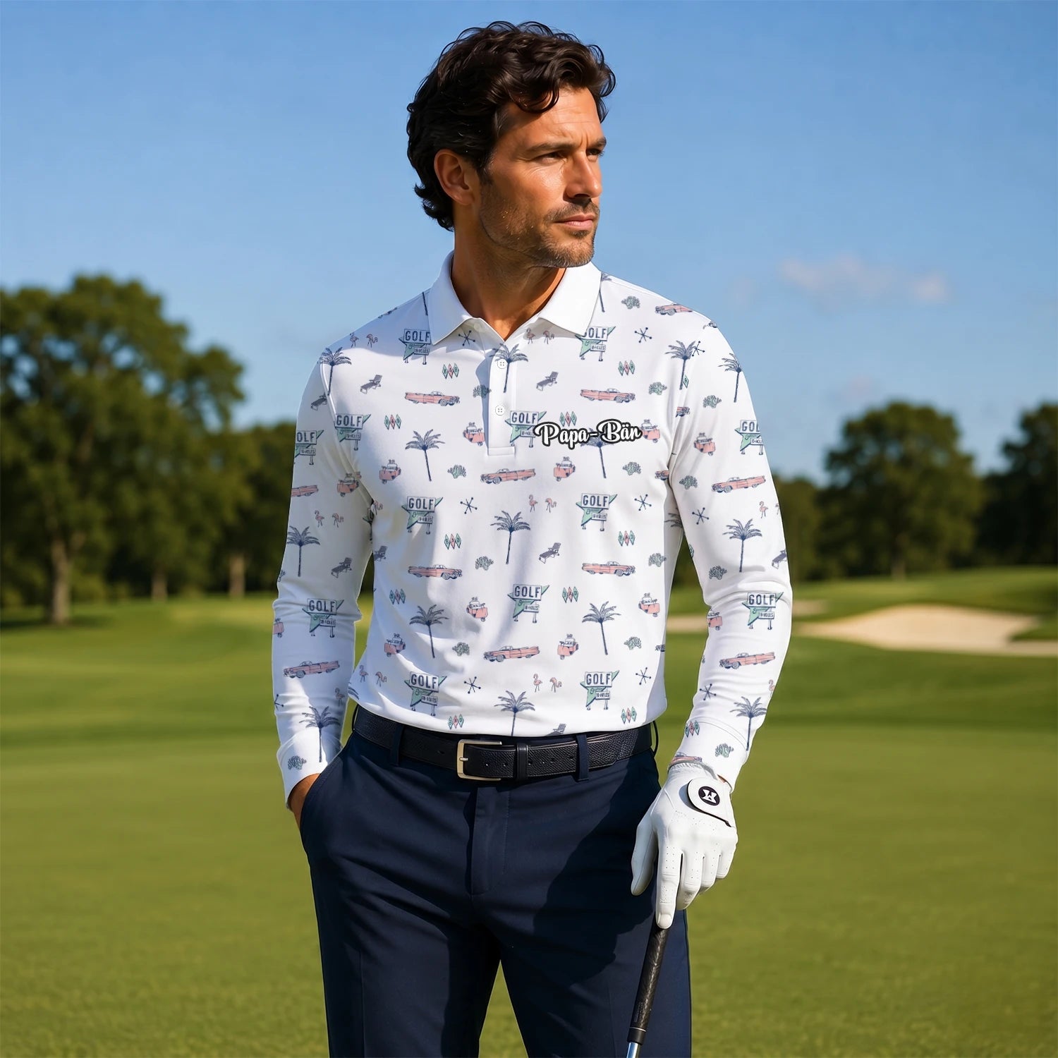 Personalisiertes Golf Poloshirt Weißes Golf Urlaub Doodle Design für Herren Z8344
