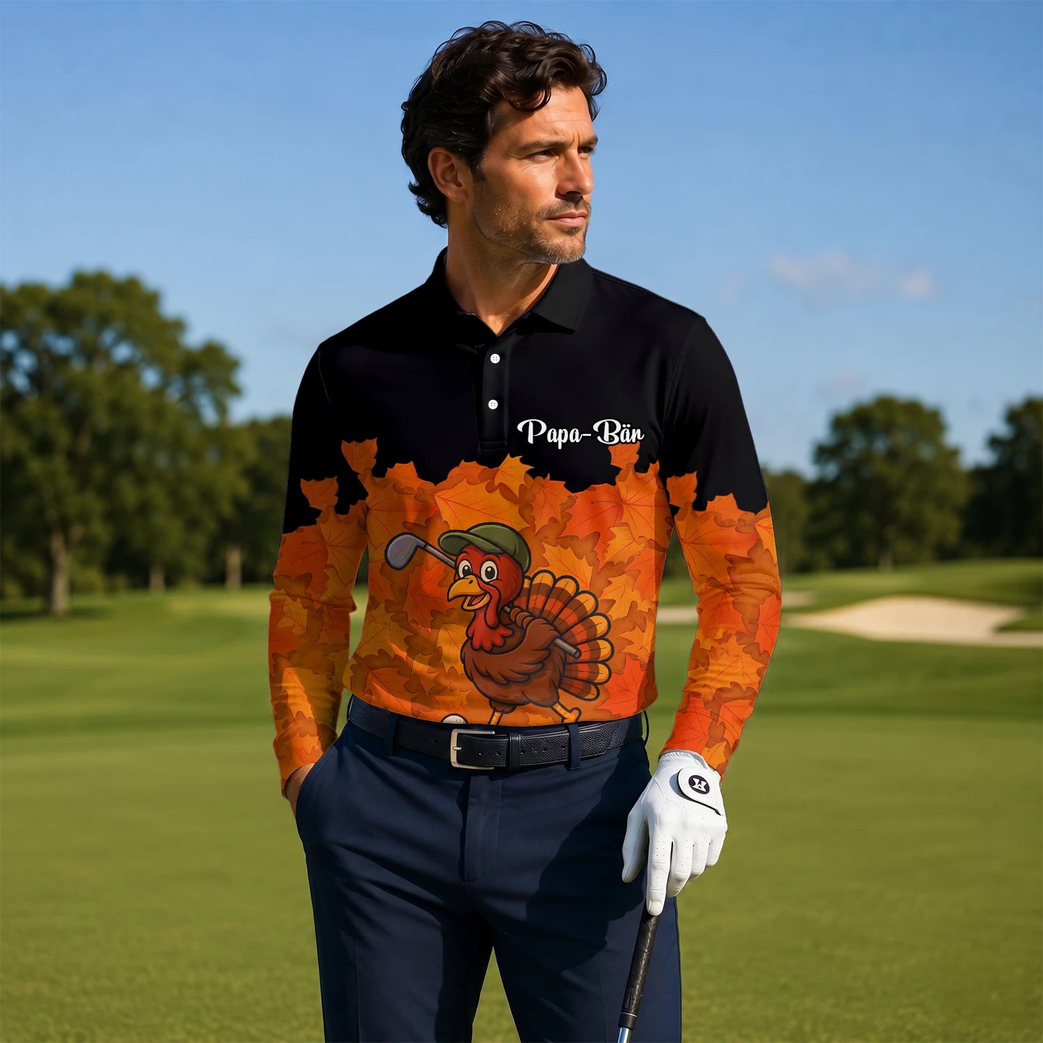 Personalisiertes Golf Poloshirt Schwarz Orange Thanksgiving Truthahn Golfer Design für Herren W0964