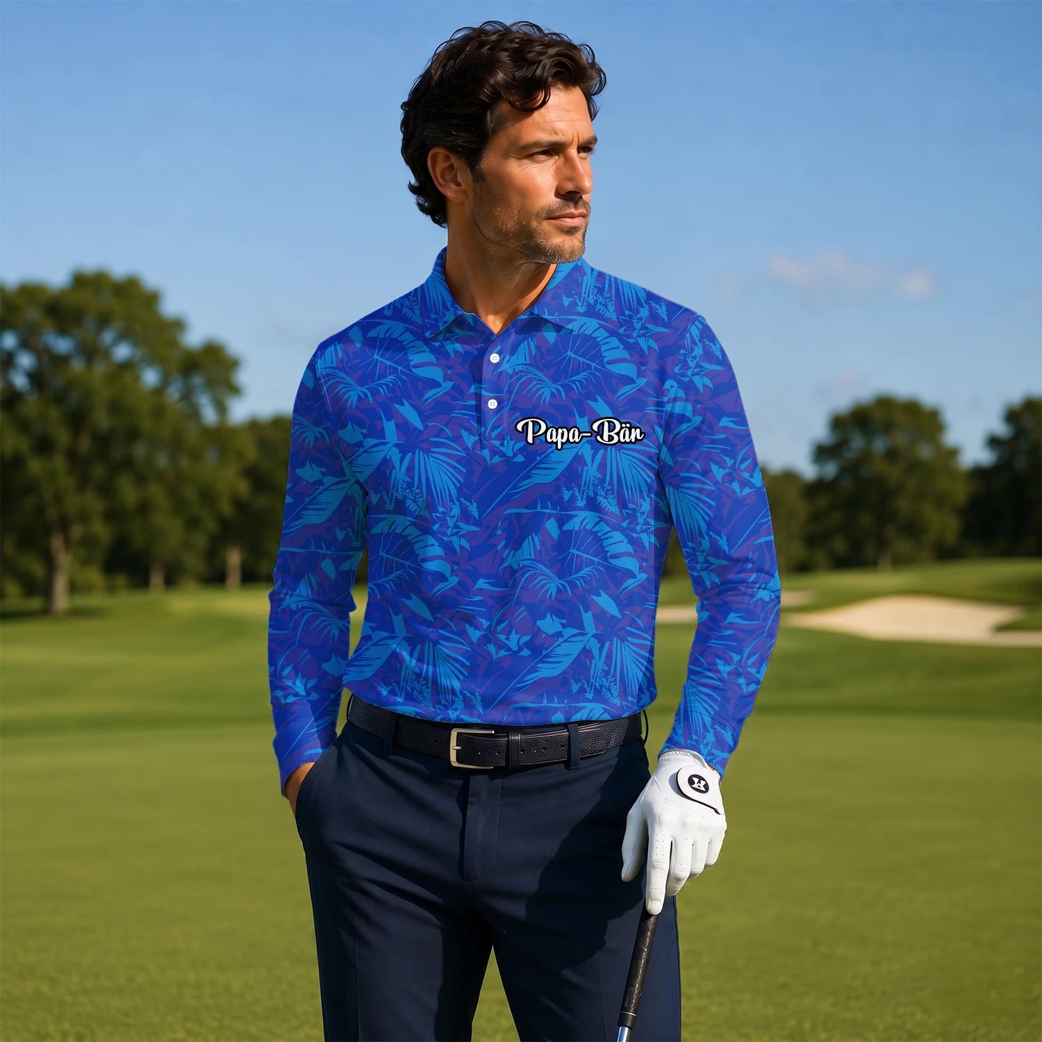 Personalisiertes Golf Poloshirt Blaues Tropisches Blätter Design für Herren Z7717