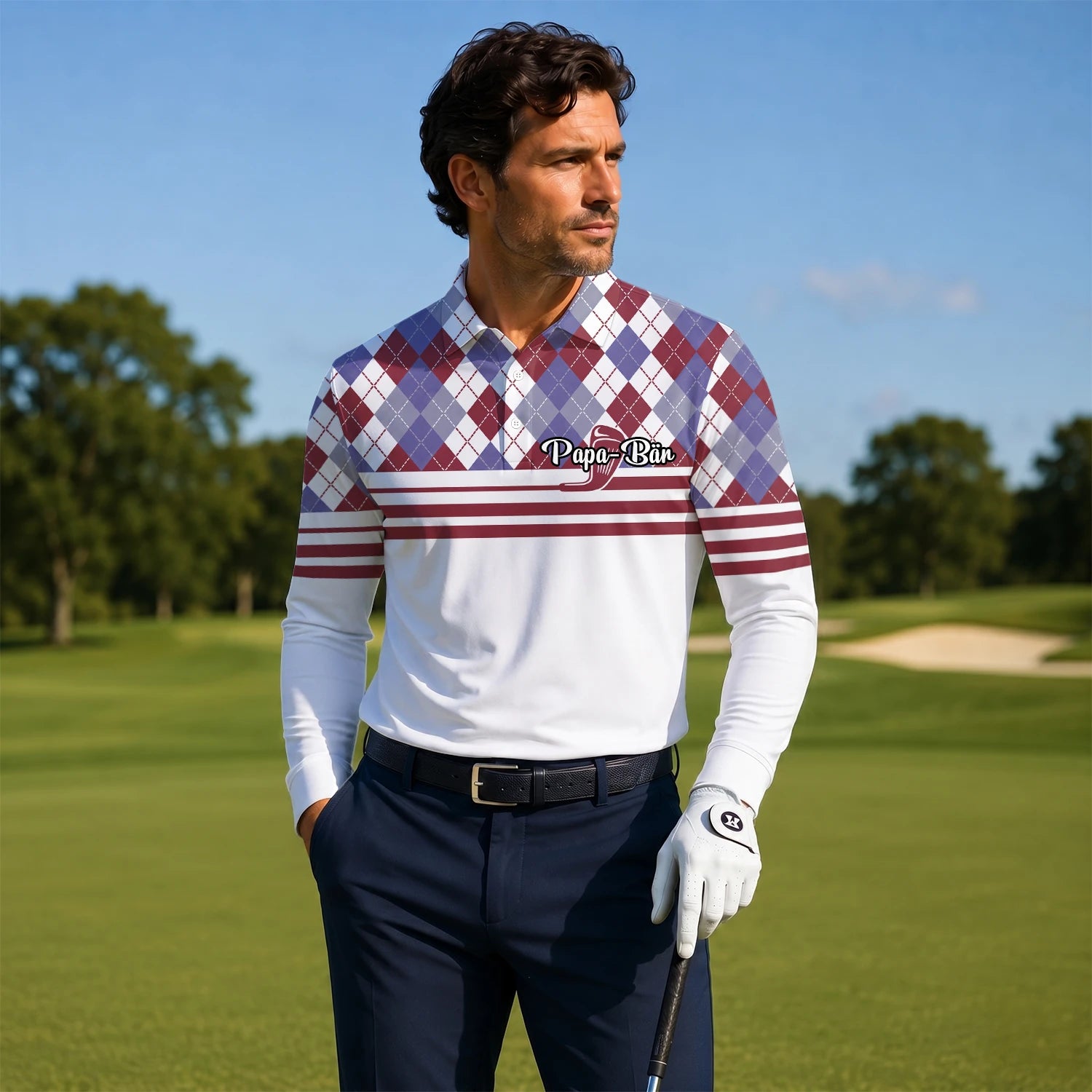 Personalisiertes Golf Poloshirt Weiß Bordeaux Rauten Golfschläger Streifen Design für Herren K9019