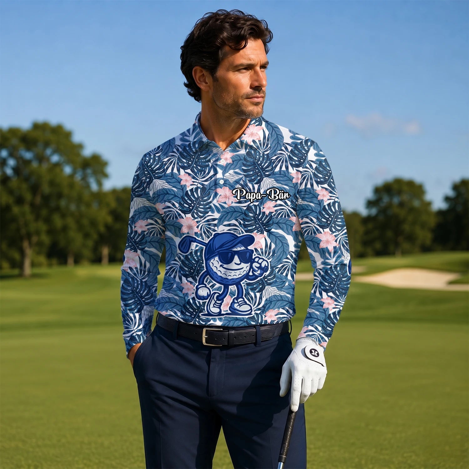 Personalisiertes Golf Poloshirt Marineblaues Tropisches Blätter Golfball Cartoon Design für Herren I7191