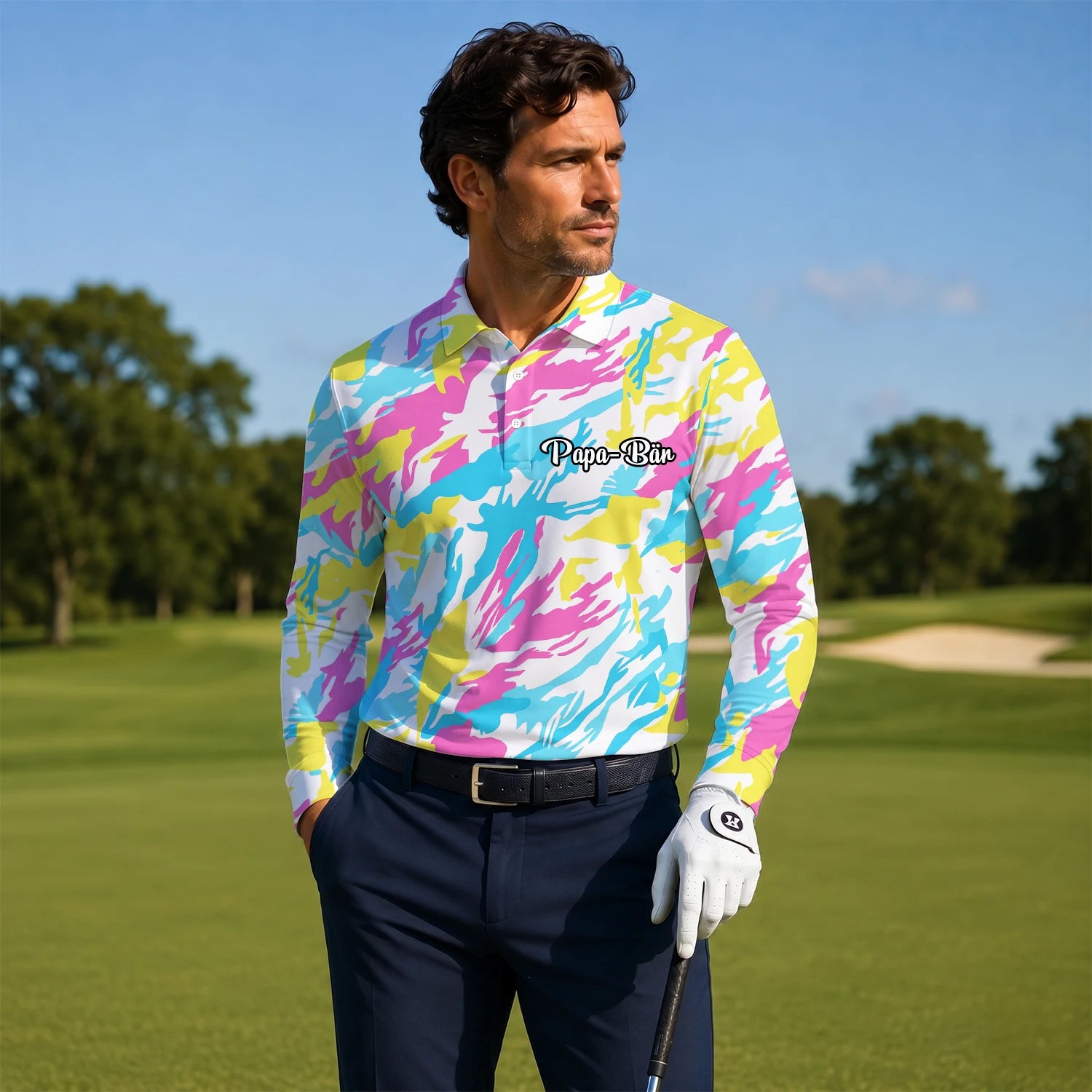 Personalisiertes Golf Poloshirt Pastell Regenbogen Camo Design für Herren F0280