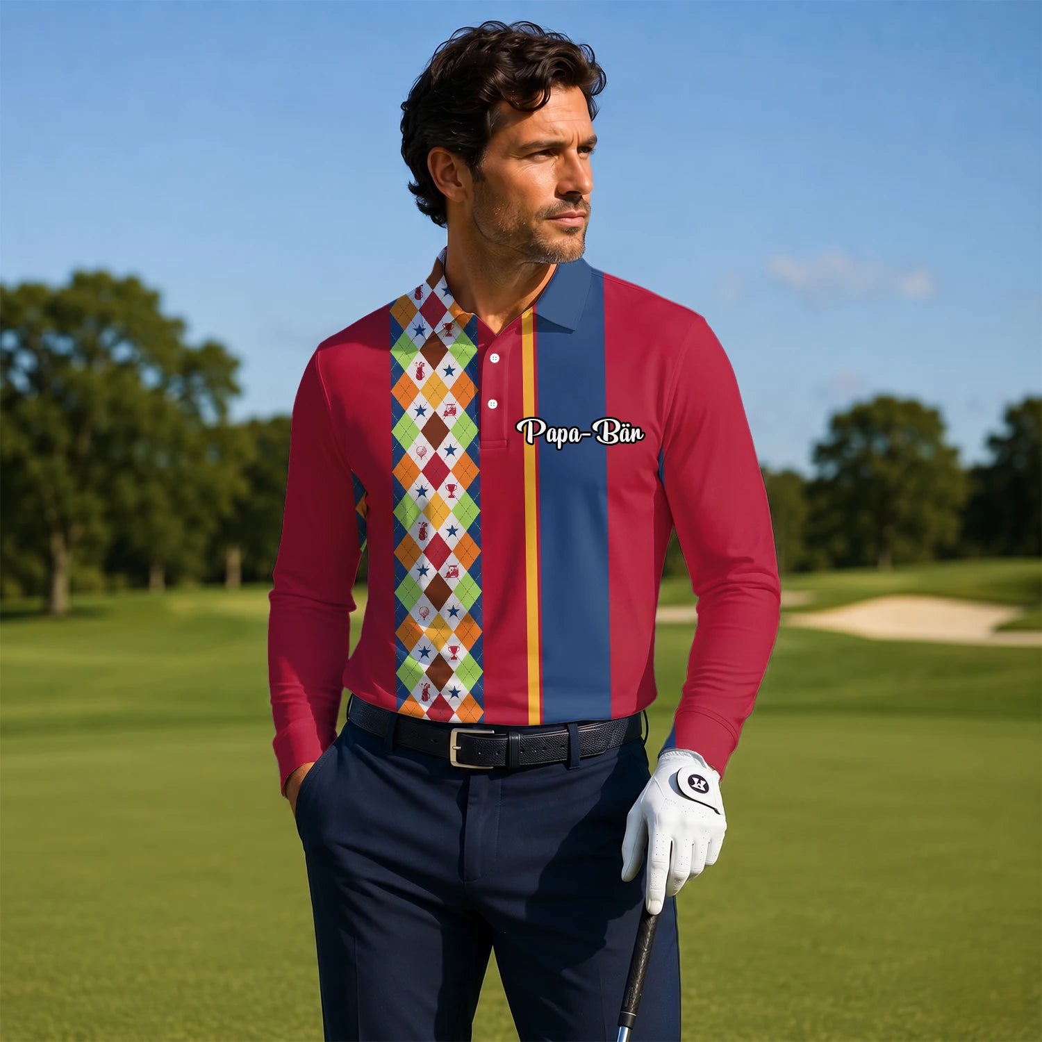 Personalisiertes Golf Poloshirt Rot Blaues Buntes Rauten Muster für Herren V1769