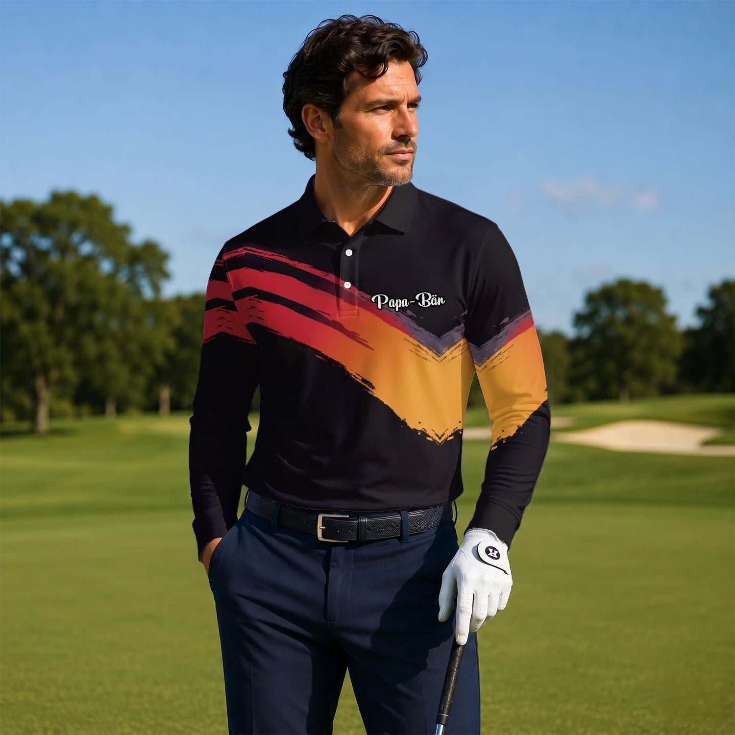 Personalisiertes Golf Poloshirt in Schwarz-Rot-Orange mit Pinselstrich-Design für Herren M6093