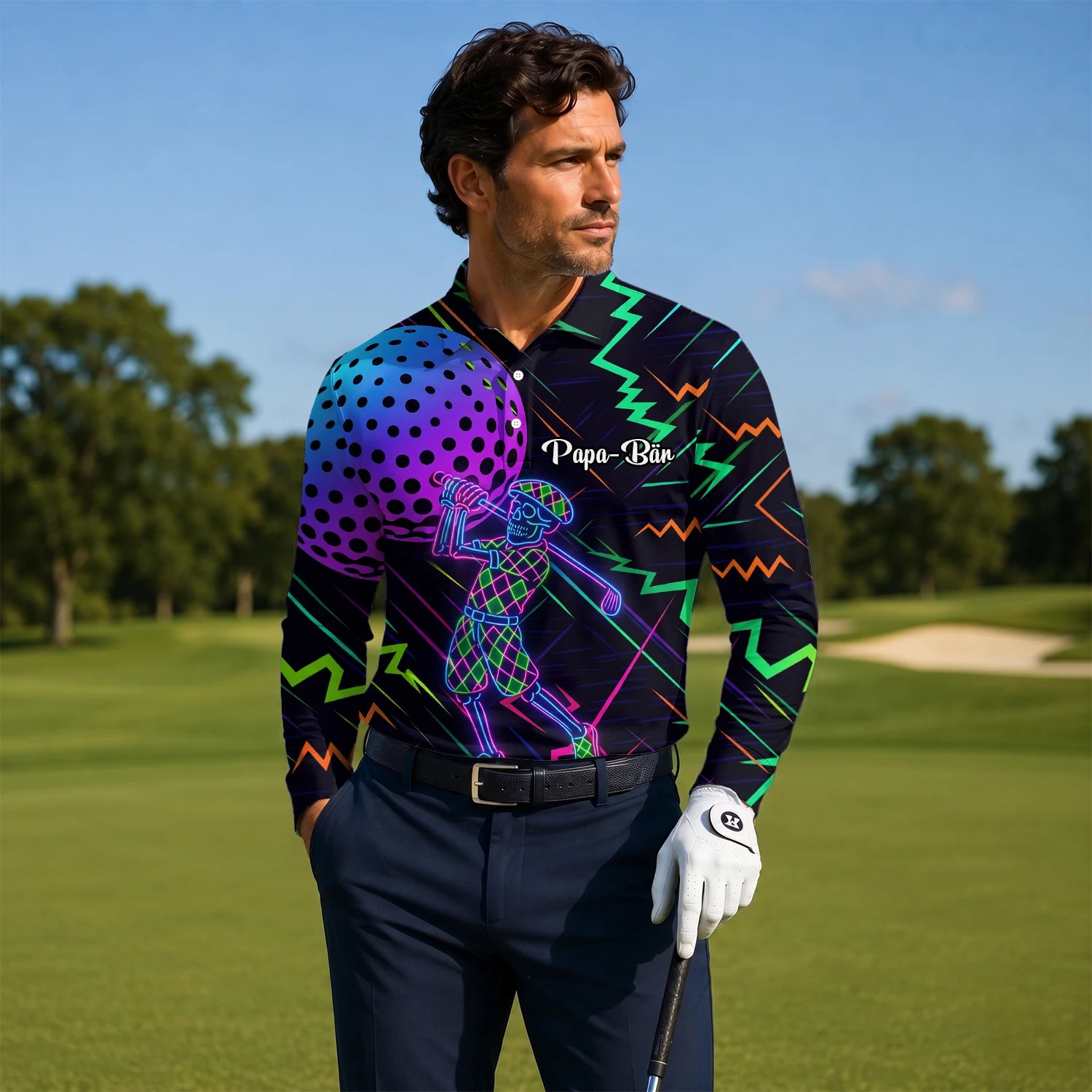 Personalisiertes Golf Poloshirt Schwarz Neon Golfer Wireframe Design für Herren L1481