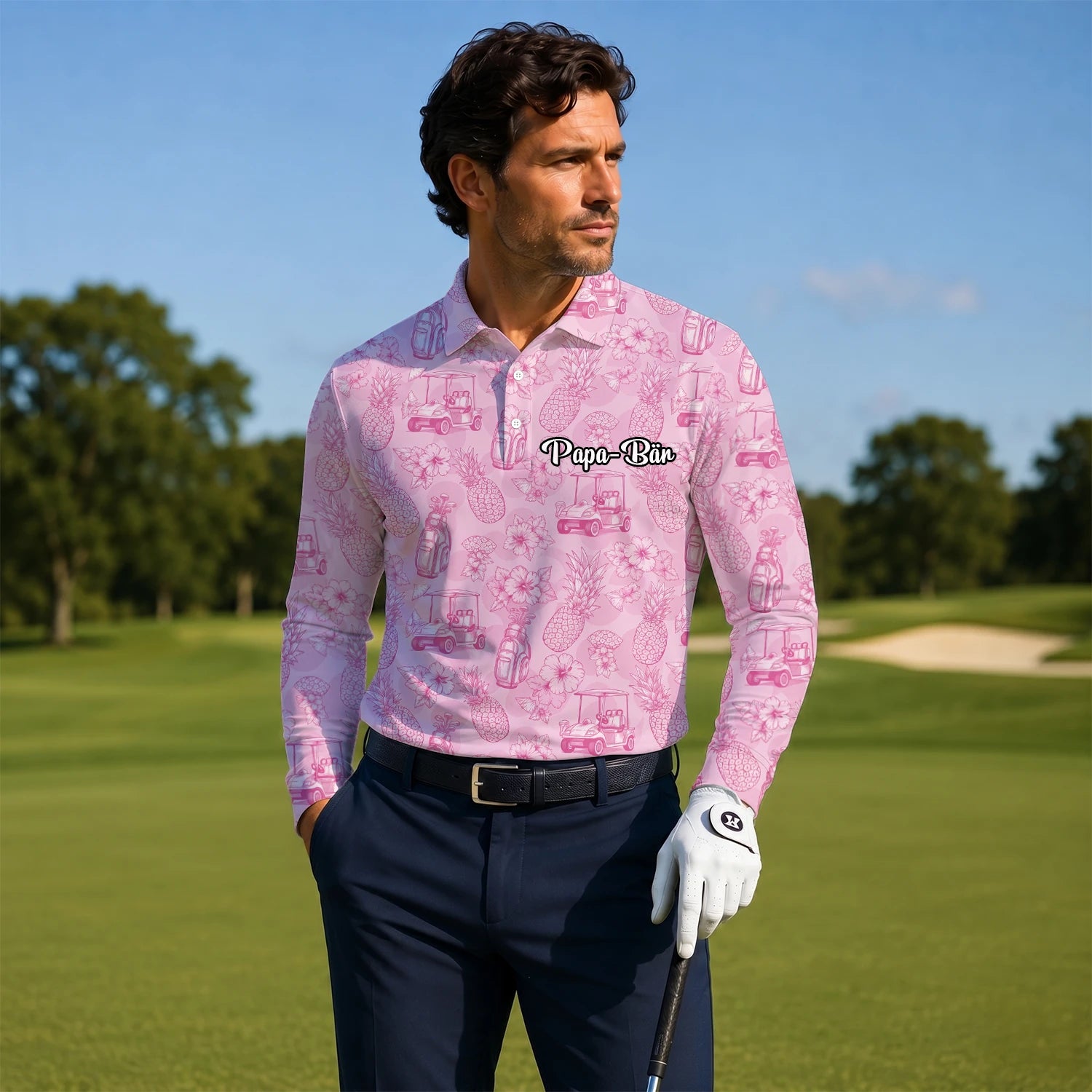 Personalisiertes Golf Poloshirt Rosa Golfcart Blumen Toile Design für Herren T8127