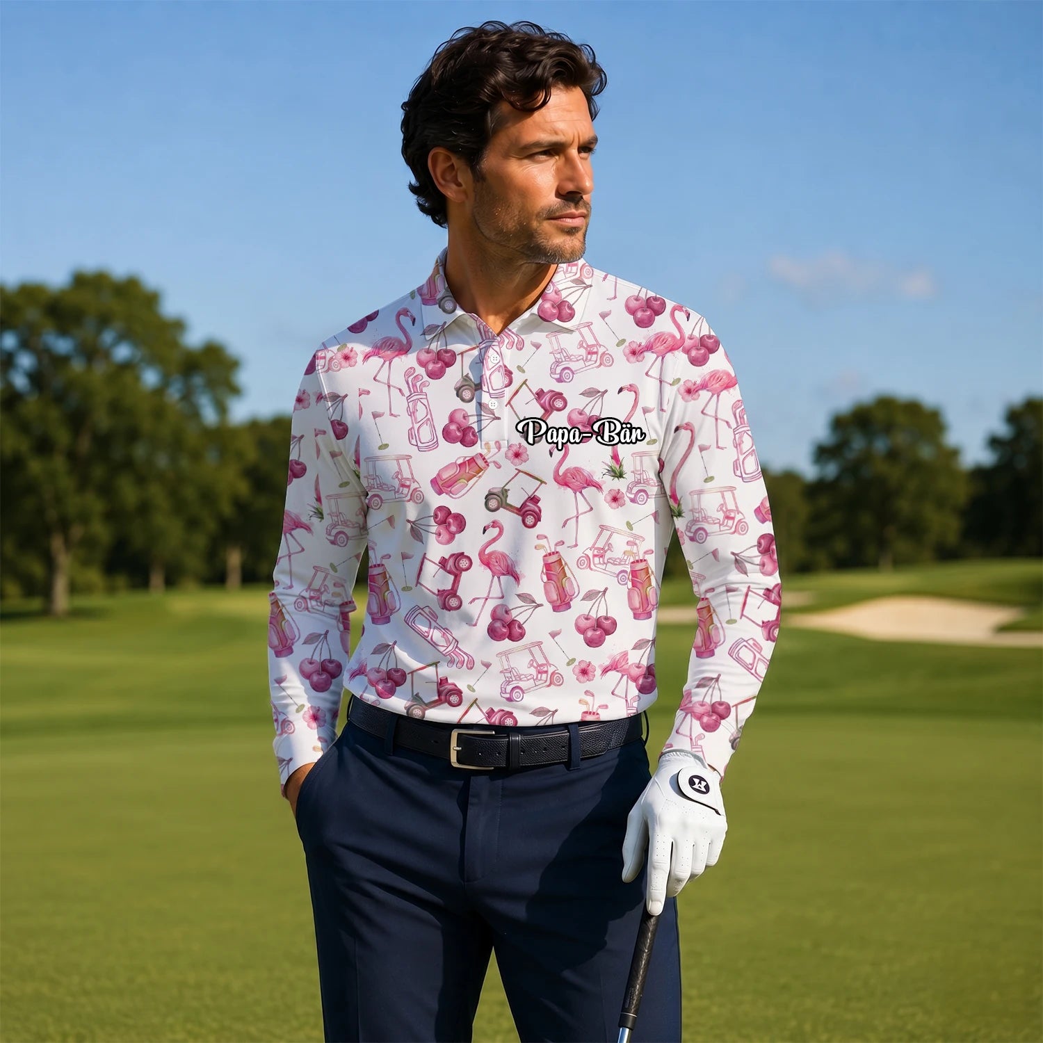 Personalisiertes Golf Poloshirt Creme Rosa Flamingo Golfcart Cocktail Design für Herren T9296