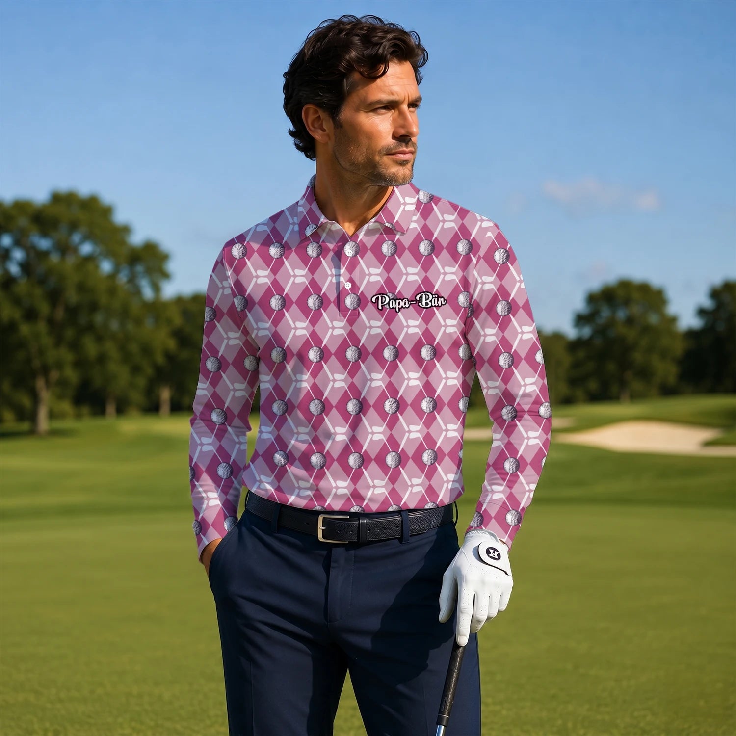 Personalisiertes Golf Poloshirt Rosa Rauten Golfball Design für Herren X0000