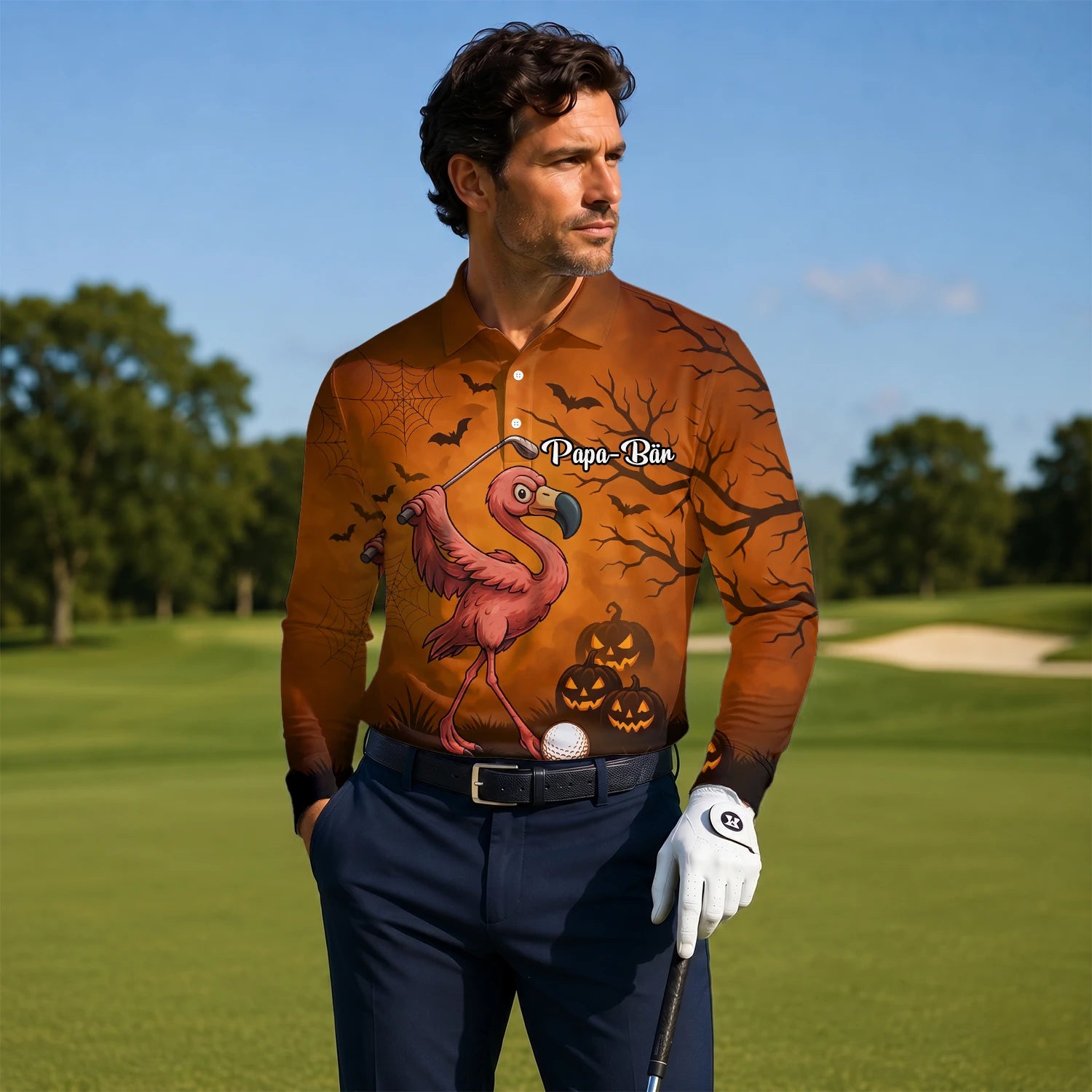 Personalisiertes Golf Poloshirt Orange Halloween Flamingo Golfer Kürbis Design für Herren V7072