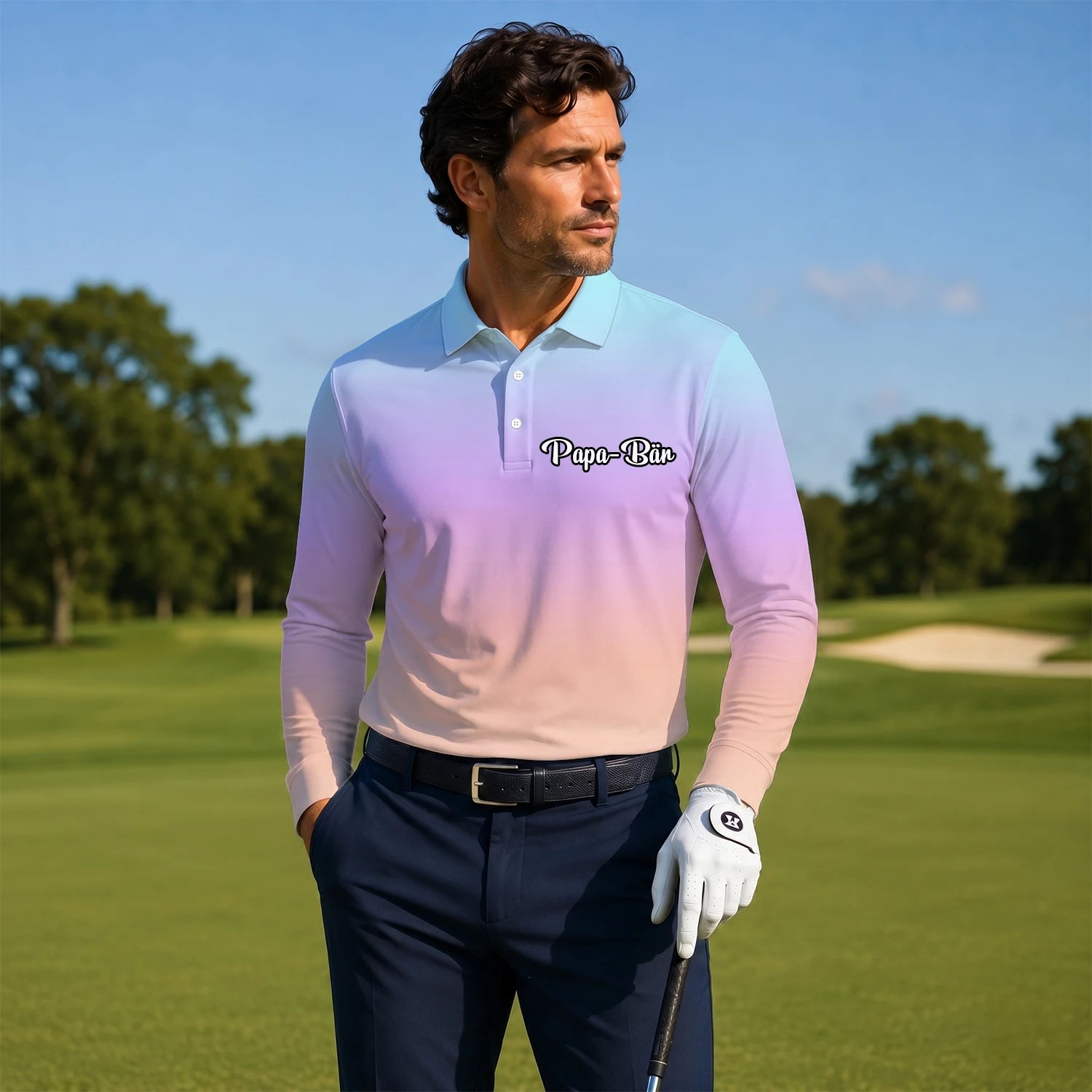 Personalisiertes Golf Poloshirt Pastell Regenbogen Farbverlauf Design für Herren R9936