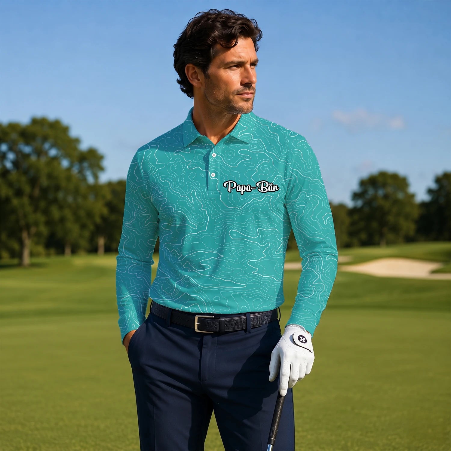 Personalisiertes Golf Poloshirt Türkisfarbenes Topografisches Konturlinien Design für Herren U3552