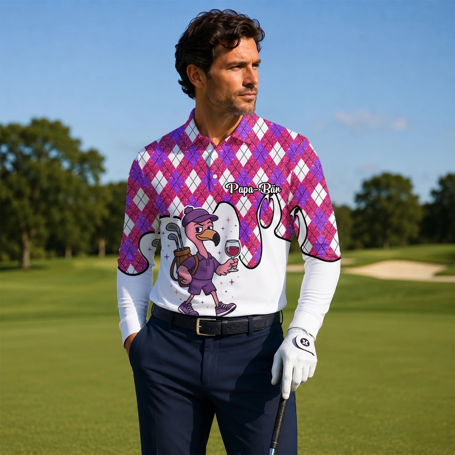 Personalisiertes Golf Poloshirt Pink Lila Rauten Strauß Golfer Cartoon Design für Herren D7000