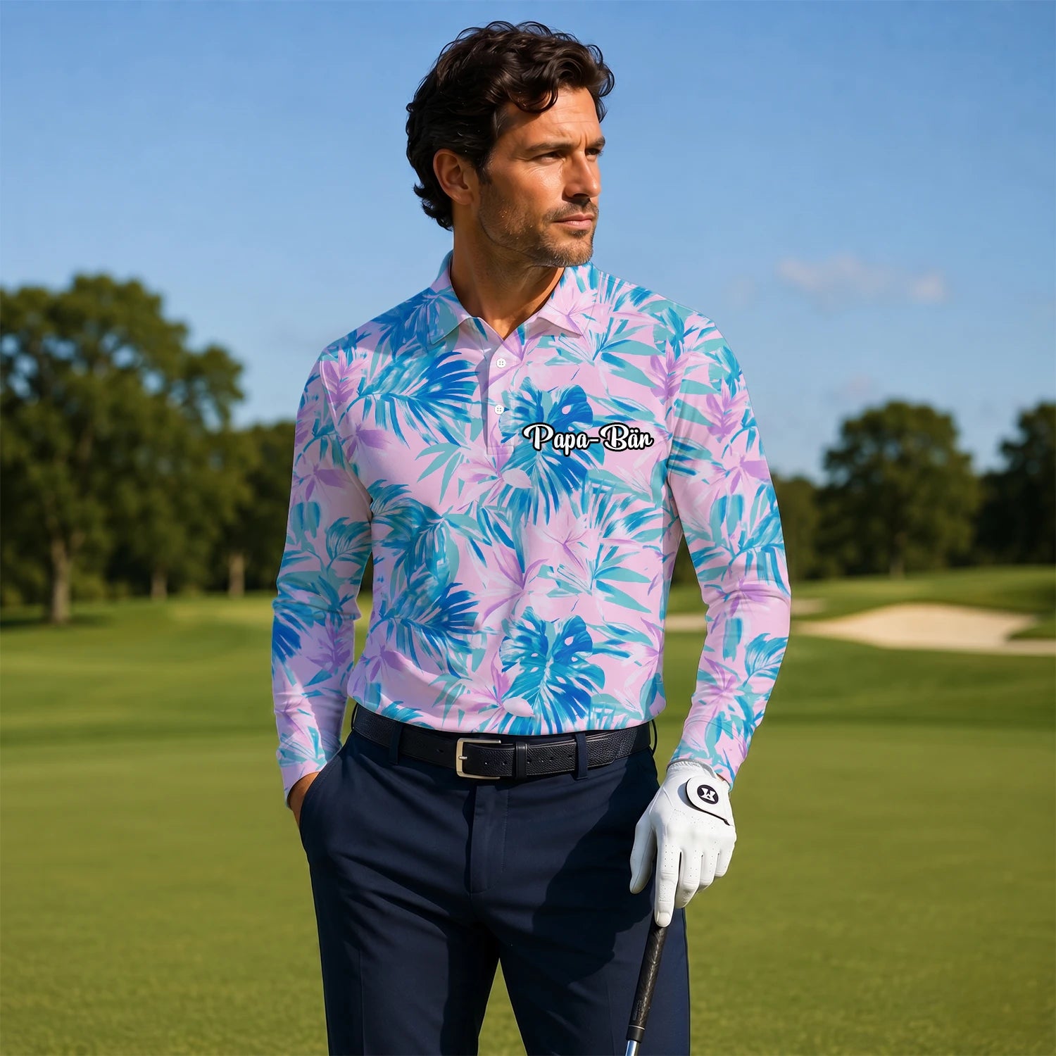 Personalisiertes Golf Poloshirt Rosa Blaues Tropisches Blätter Design für Herren K0497