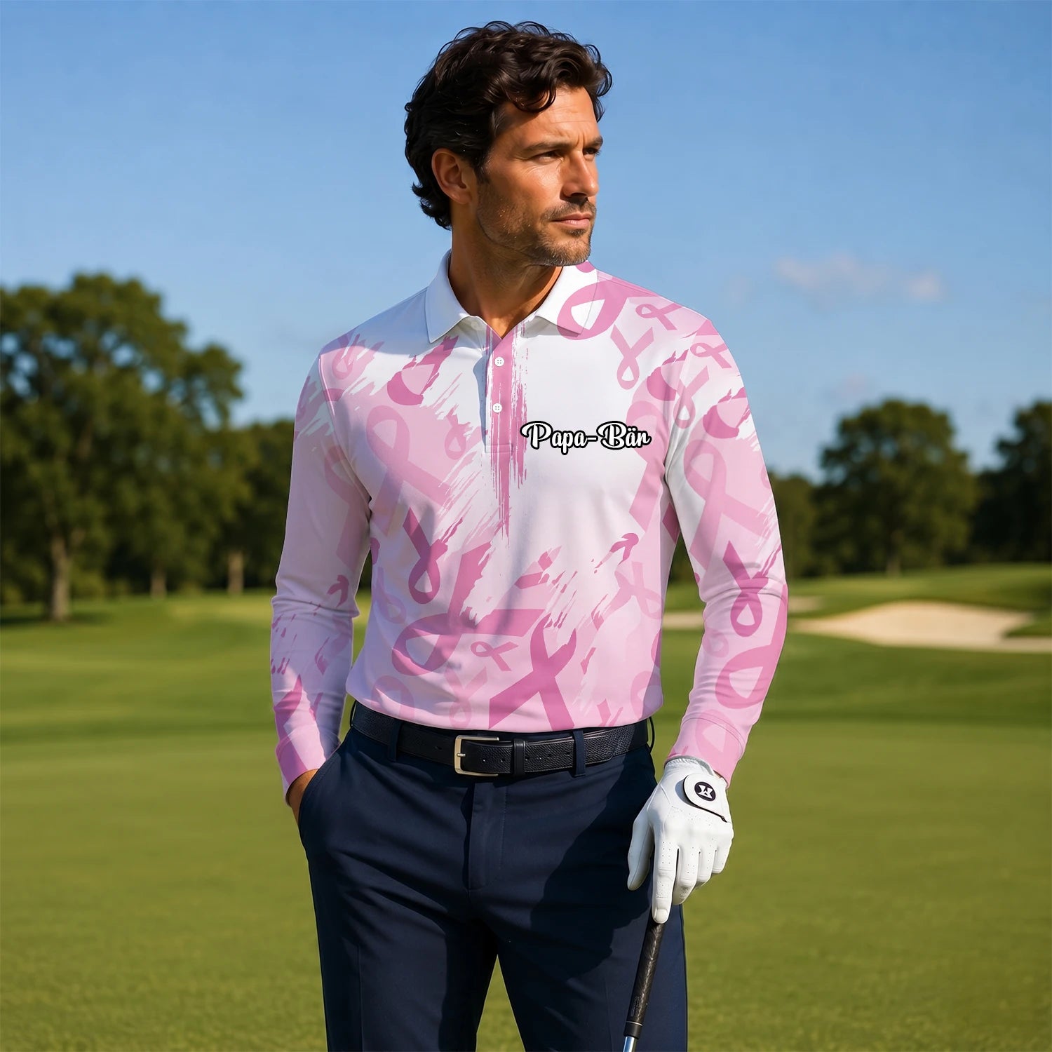 Personalisiertes Golf Poloshirt Weiß Rosa Brustkrebs Awareness Schleifen Pinselstrich Design für Herren U4702