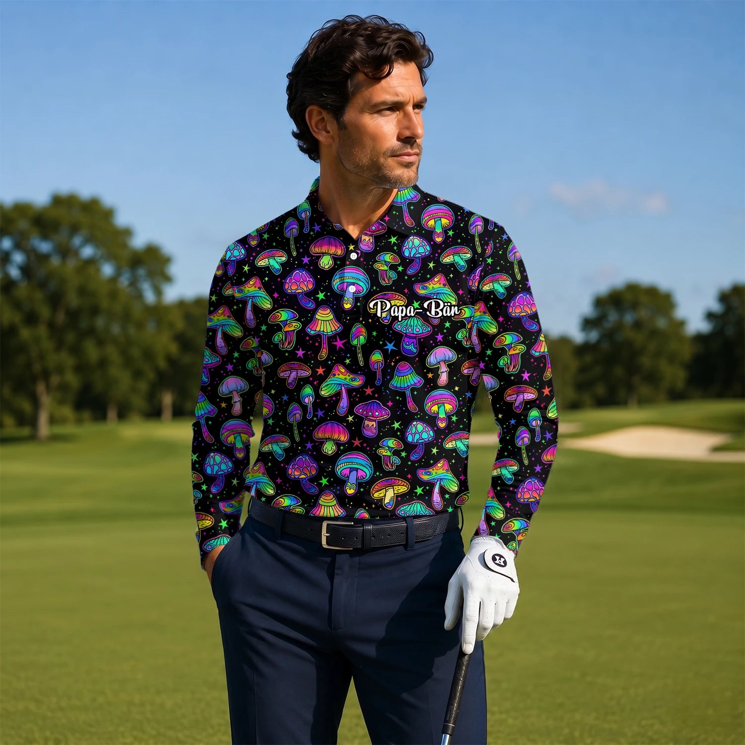 Personalisiertes Golf Poloshirt Schwarz Neon Pilz Psychedelisches Design für Herren L0182