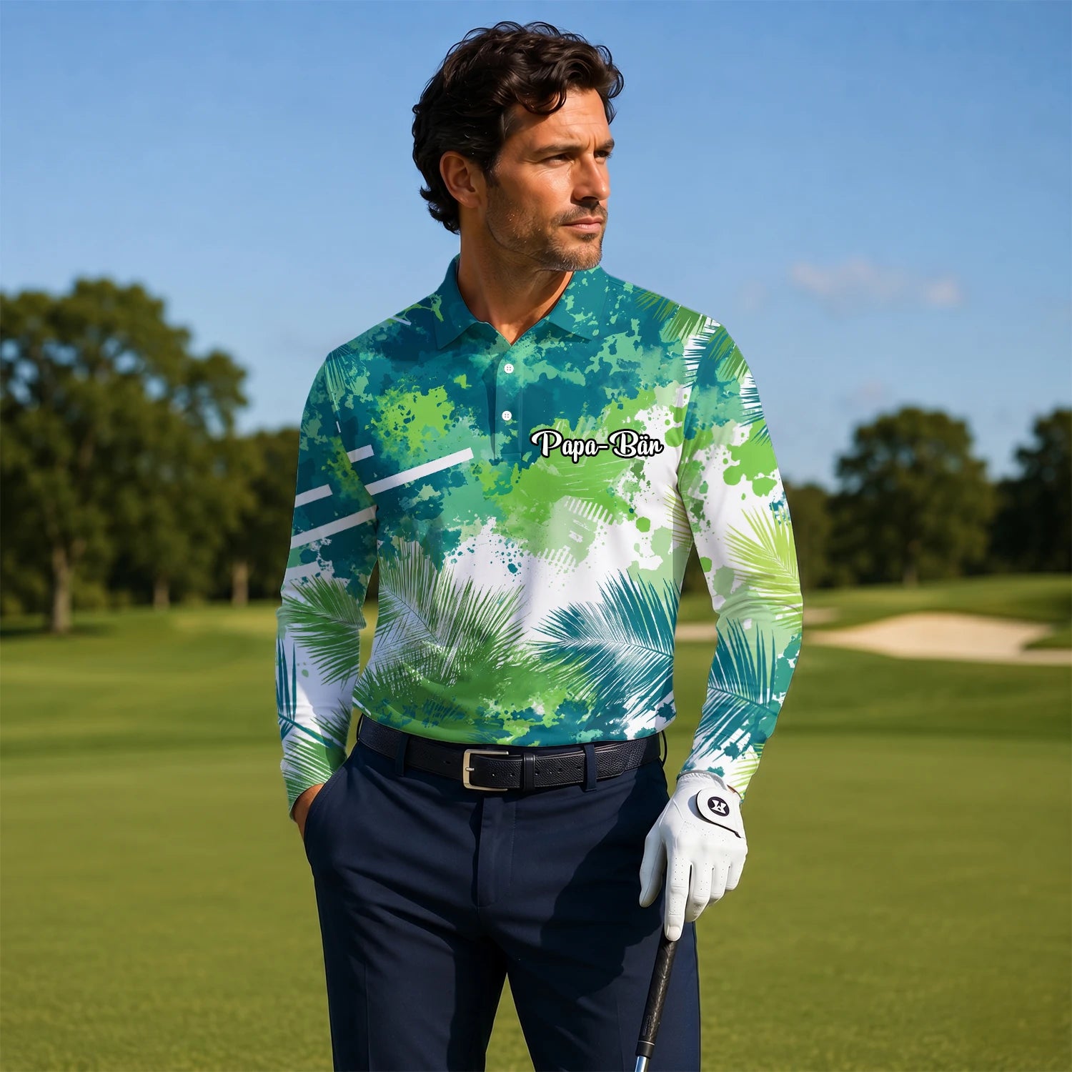 Personalisiertes Golf Poloshirt Grün Blaues Tropisches Blätter Farbklecks Design für Herren B7869