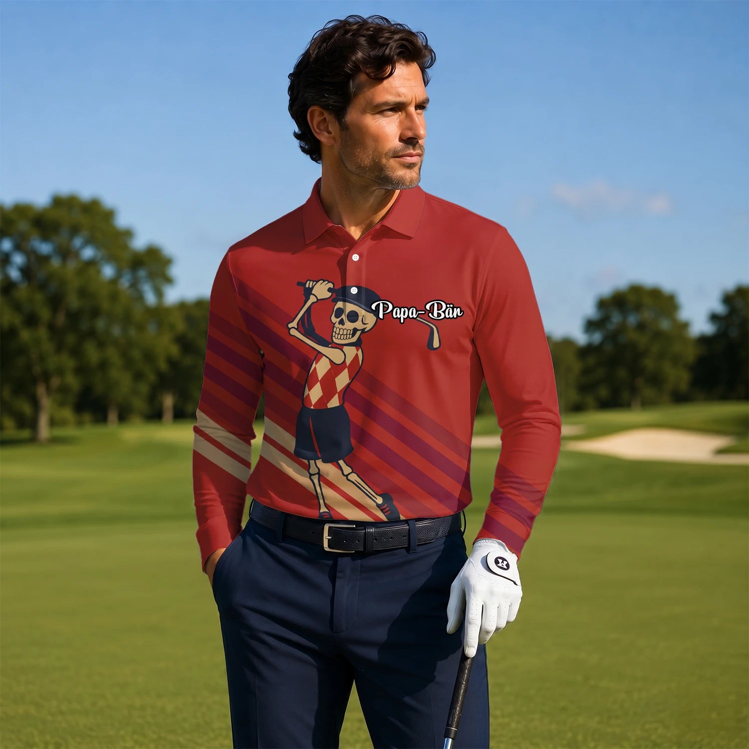 Personalisiertes Golf Poloshirt Rotes Skelett Golfer Cartoon Design für Herren F3648