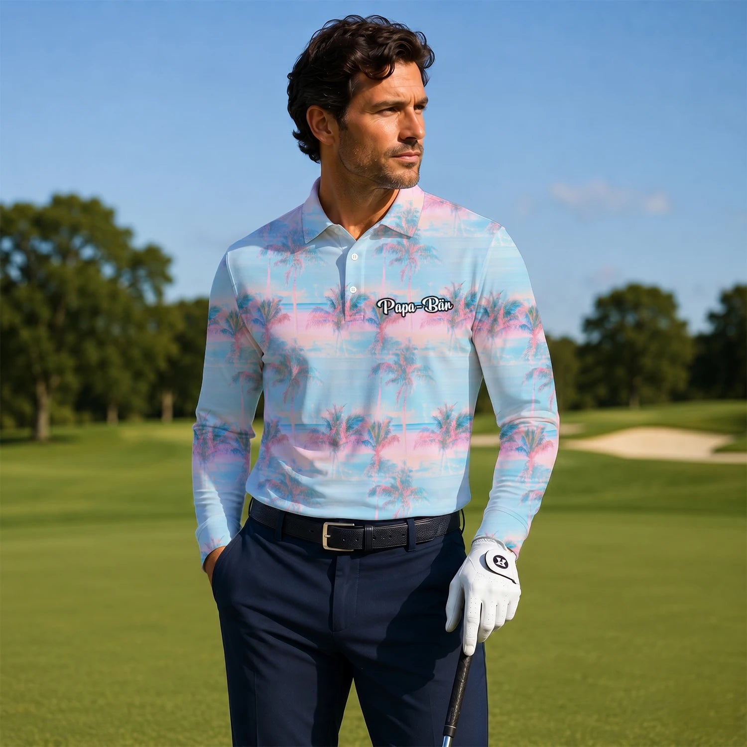 Personalisiertes Golf Poloshirt Pastellblau Rosa Palmen Sonnenuntergang Design für Herren G4431