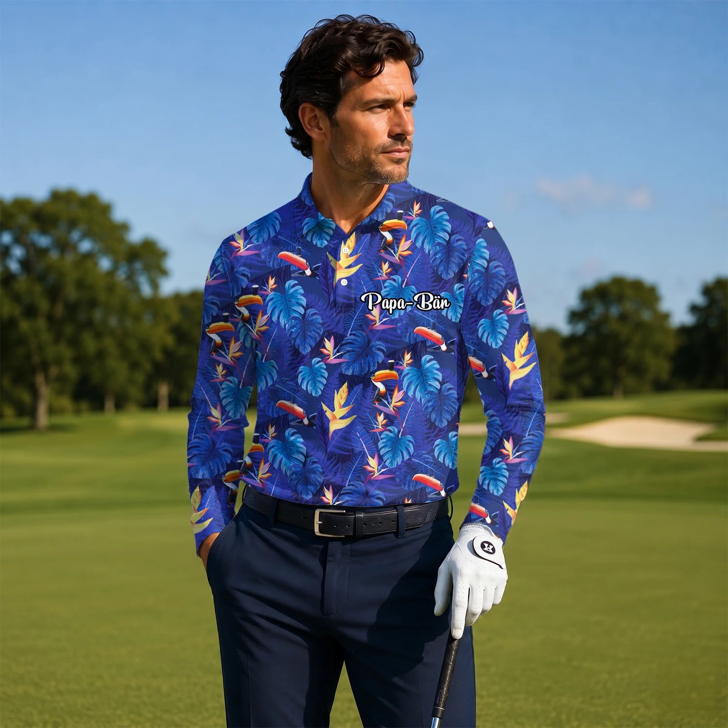 Personalisiertes Golf Poloshirt Marineblaues Tropisches Tukan Blätter Design für Herren S1836