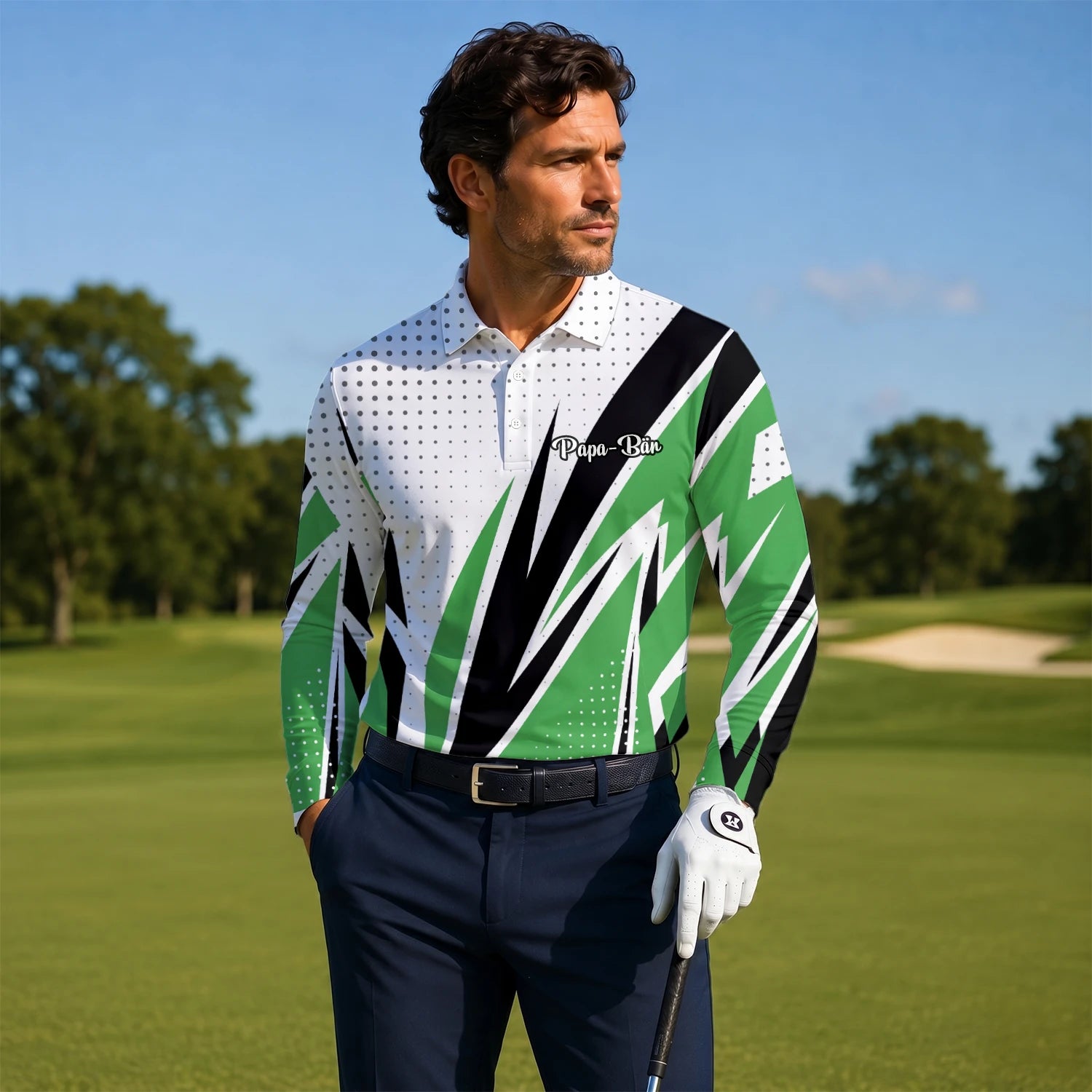 Personalisiertes Golf Poloshirt Weiß Grün Schwarzes Abstraktes Streifen Design für Herren C9494