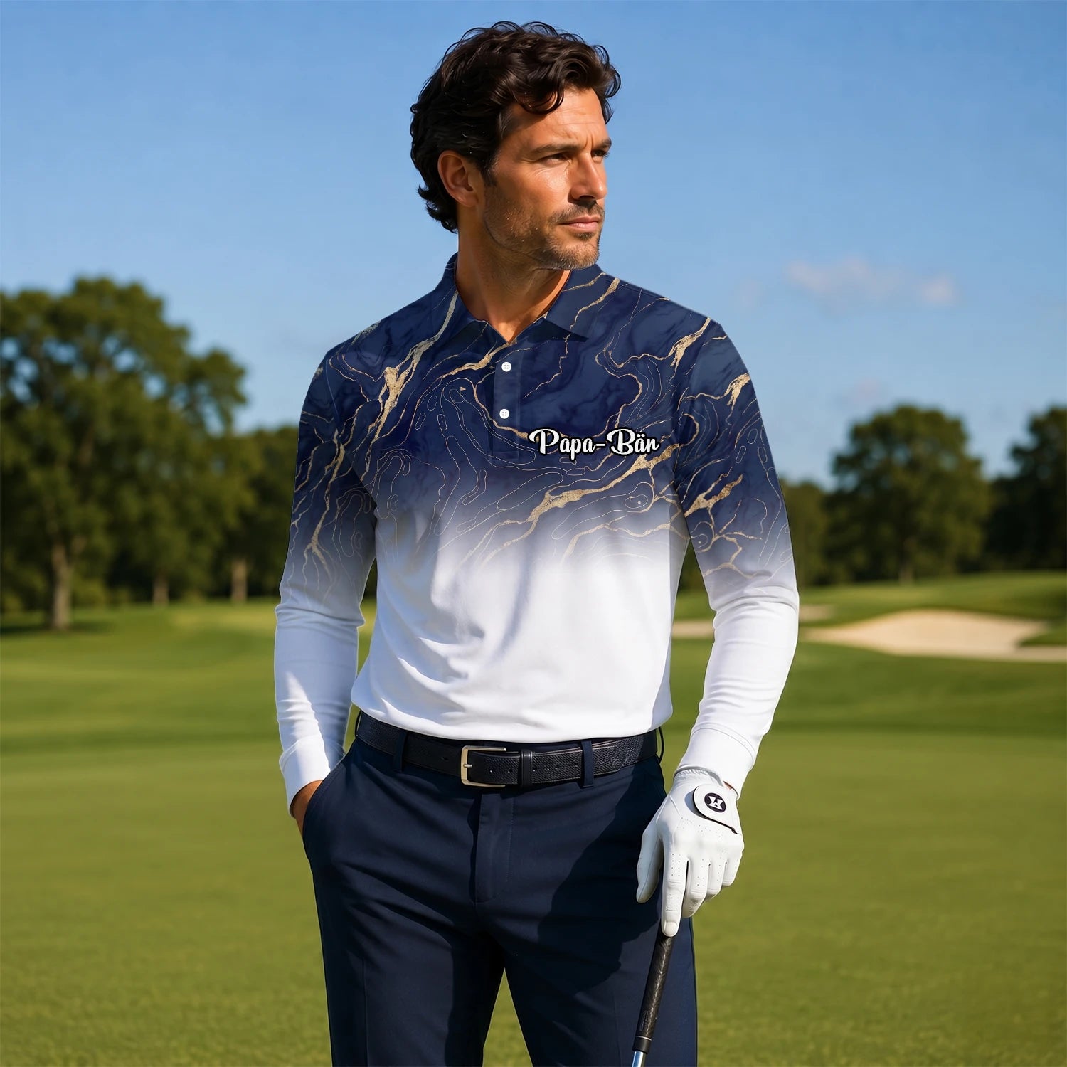 Personalisiertes Golf Poloshirt Marineblau Weißes Marmor Goldadern Design für Herren U5613