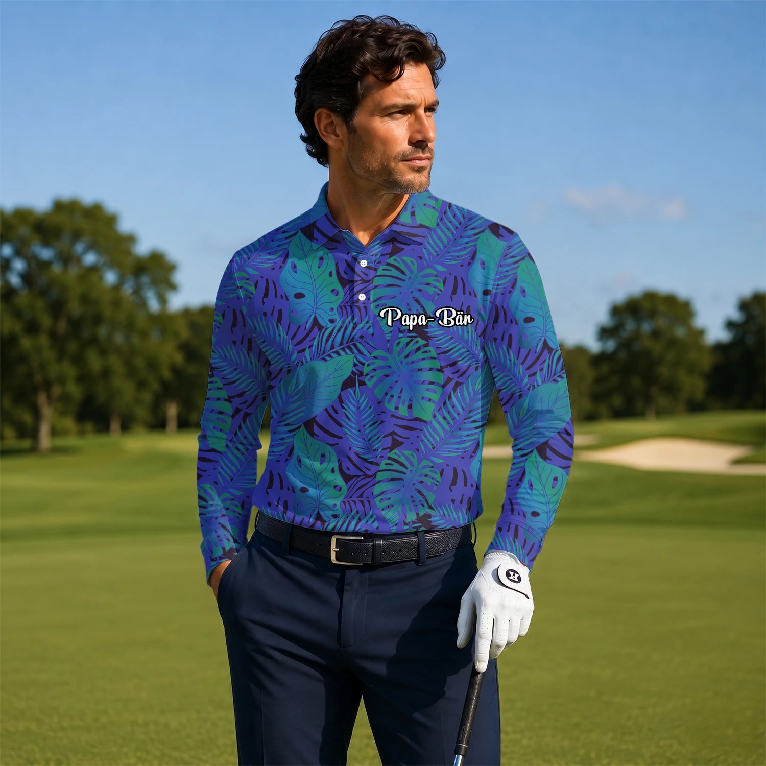 Personalisiertes Golf Poloshirt Blau Lila Tropisches Monstera Blätter Design für Herren G3142