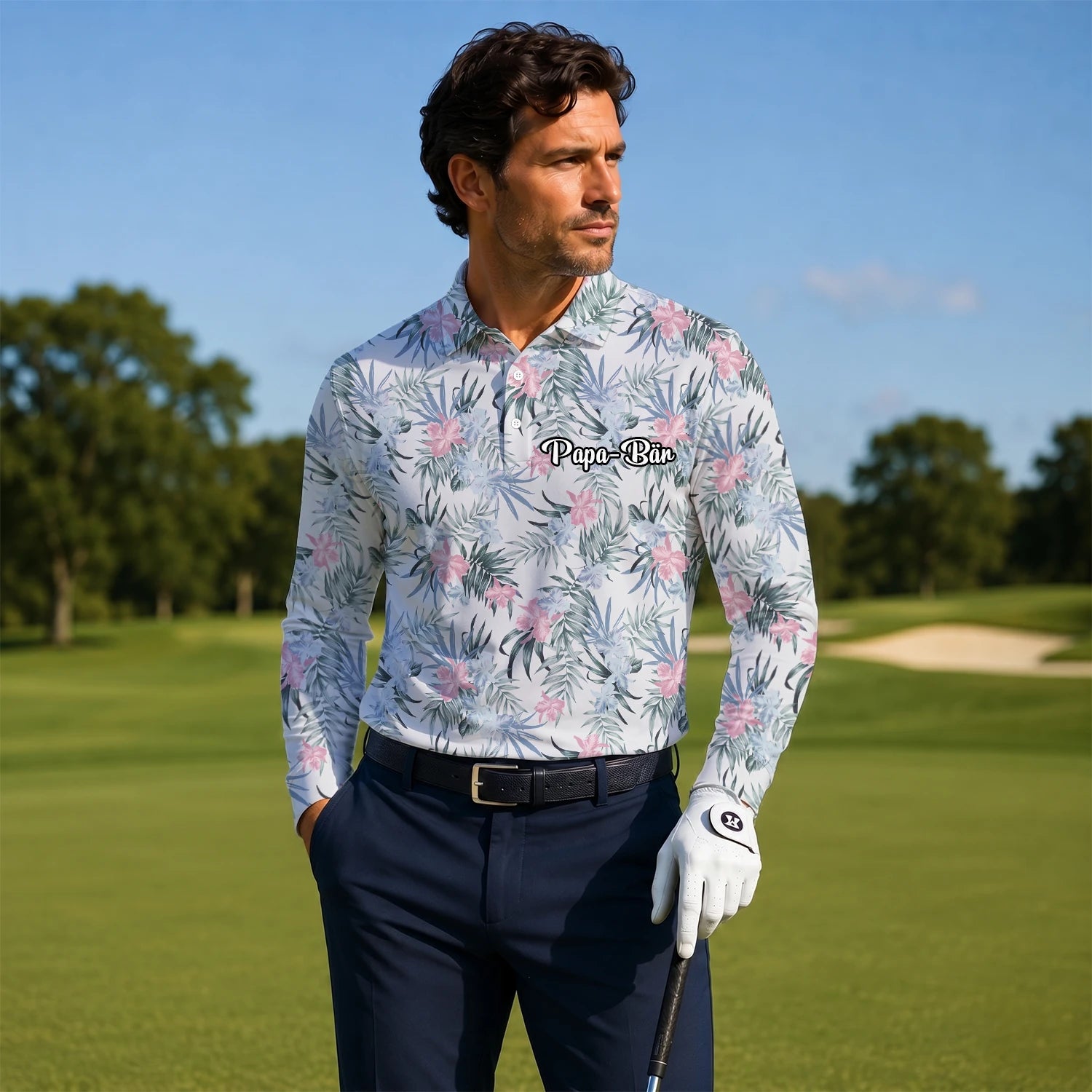 Personalisiertes Golf Poloshirt Weiß Rosa Tropisches Blumen Blätter Design für Herren C1037