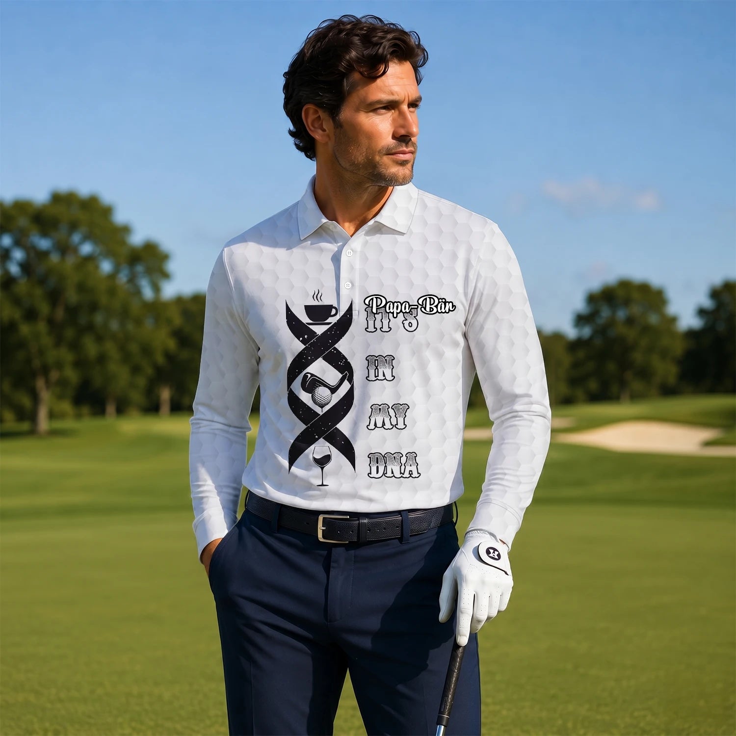 Personalisiertes Golf Poloshirt Weißes Golf In My DNA Spruch Design für Herren W3018
