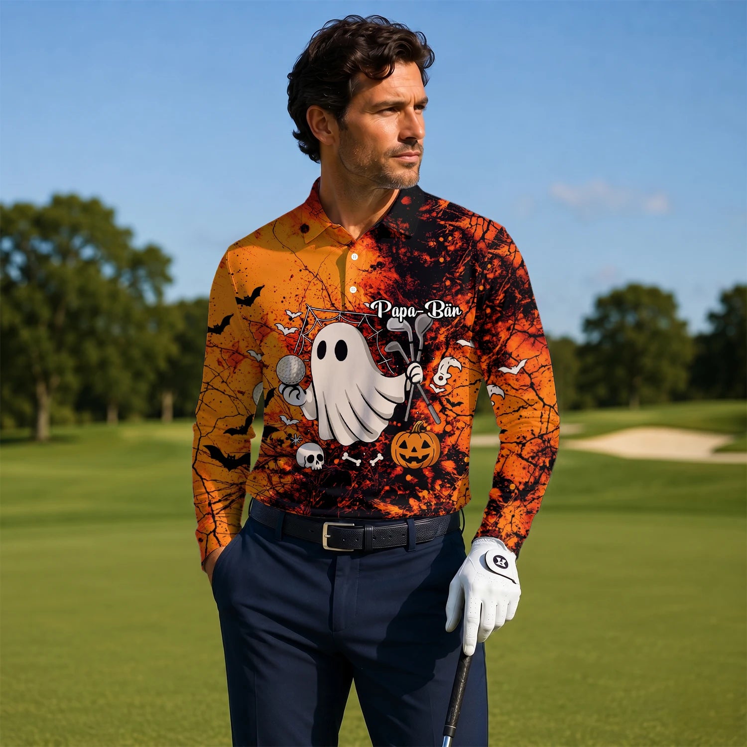 Personalisiertes Golf Poloshirt Orange Halloween Gespenst Golfer Design für Herren M0695