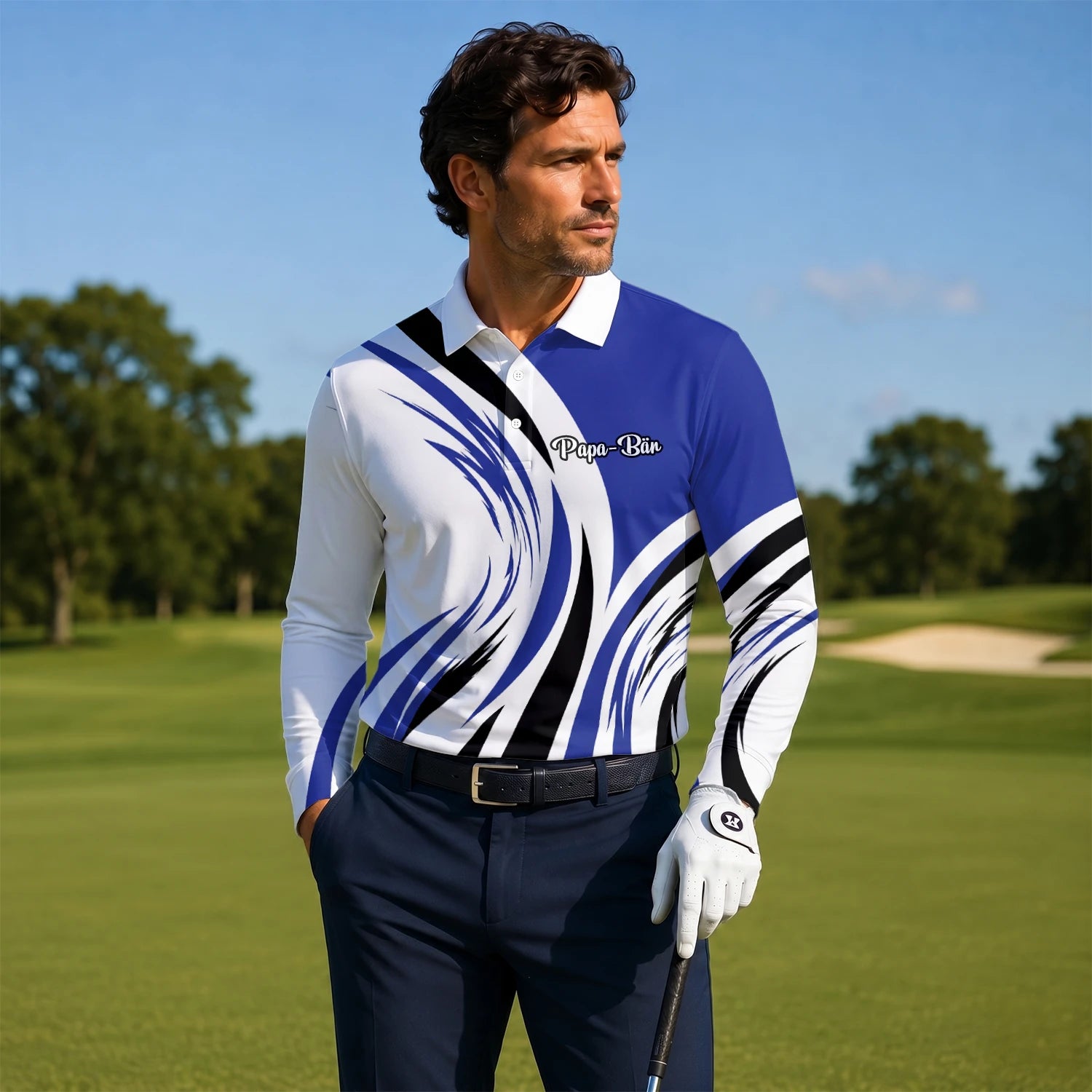 Personalisiertes Golf Poloshirt Weiß Blau Schwarzes Abstraktes Wellen Design für Herren V7849