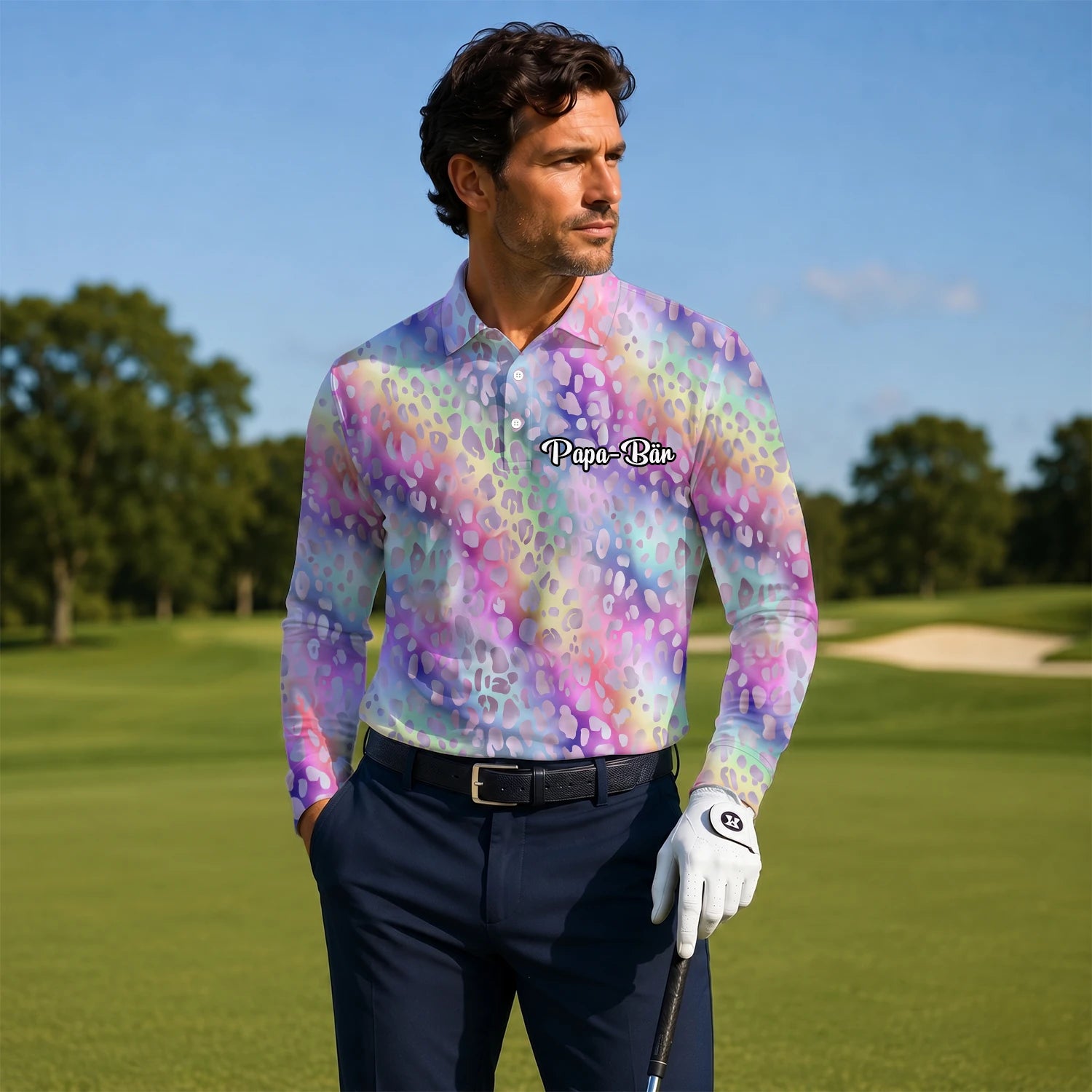 Personalisiertes Golf Poloshirt Pastell Regenbogen Leo Print Design für Herren E5373