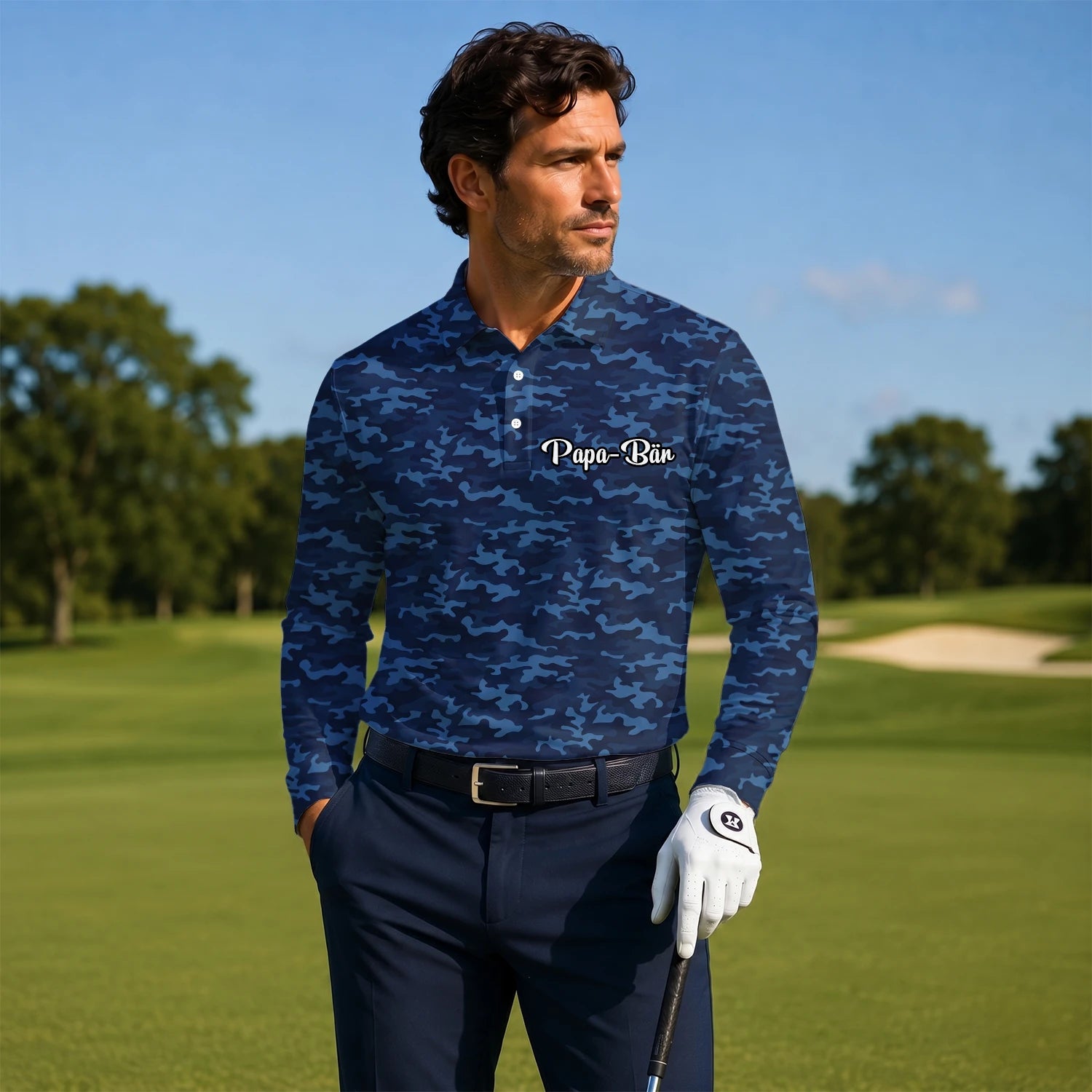 Personalisiertes Golf Poloshirt Marineblaues Camo Design für Herren L9533