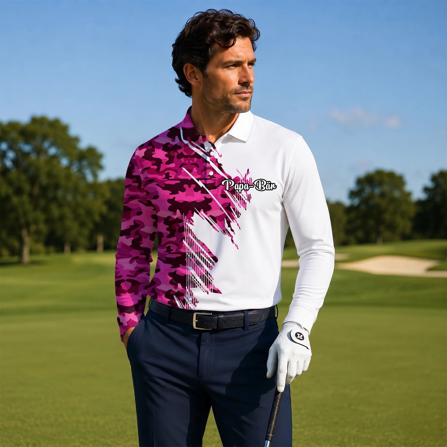 Personalisiertes Golf Poloshirt Weiß Rosa Camo Pinselstrich Design für Herren S6501