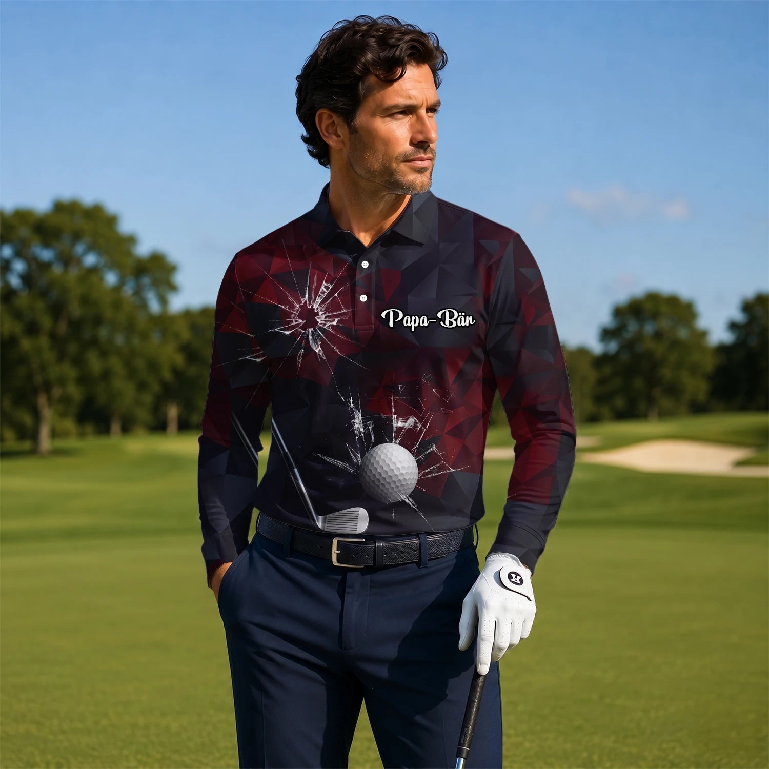 Personalisiertes Golf Poloshirt Schwarz Bordeaux Golfball Glassplitter Design für Herren R4354