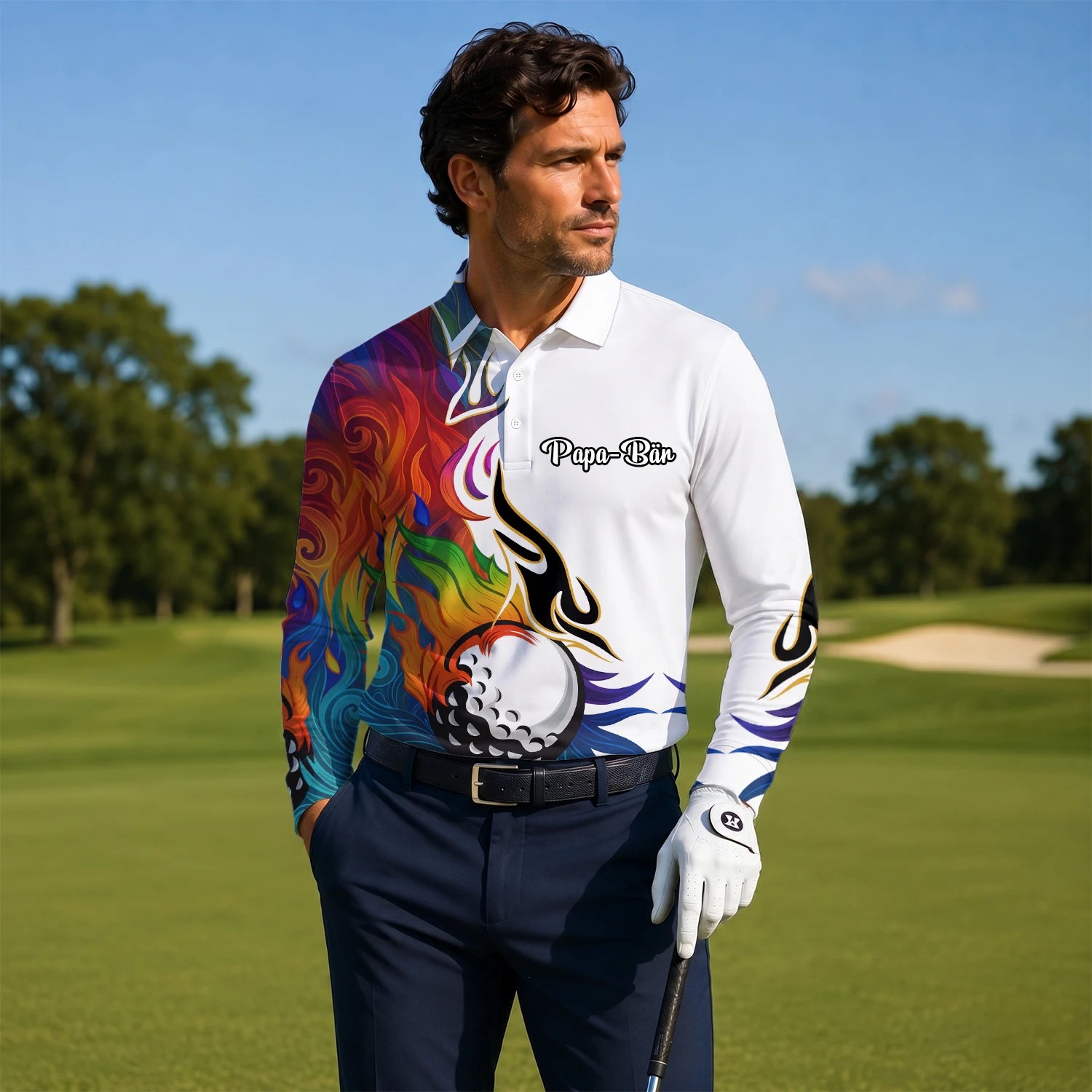 Personalisiertes Golf Poloshirt Weißes Regenbogen Flammen Golfball Design für Herren P6012