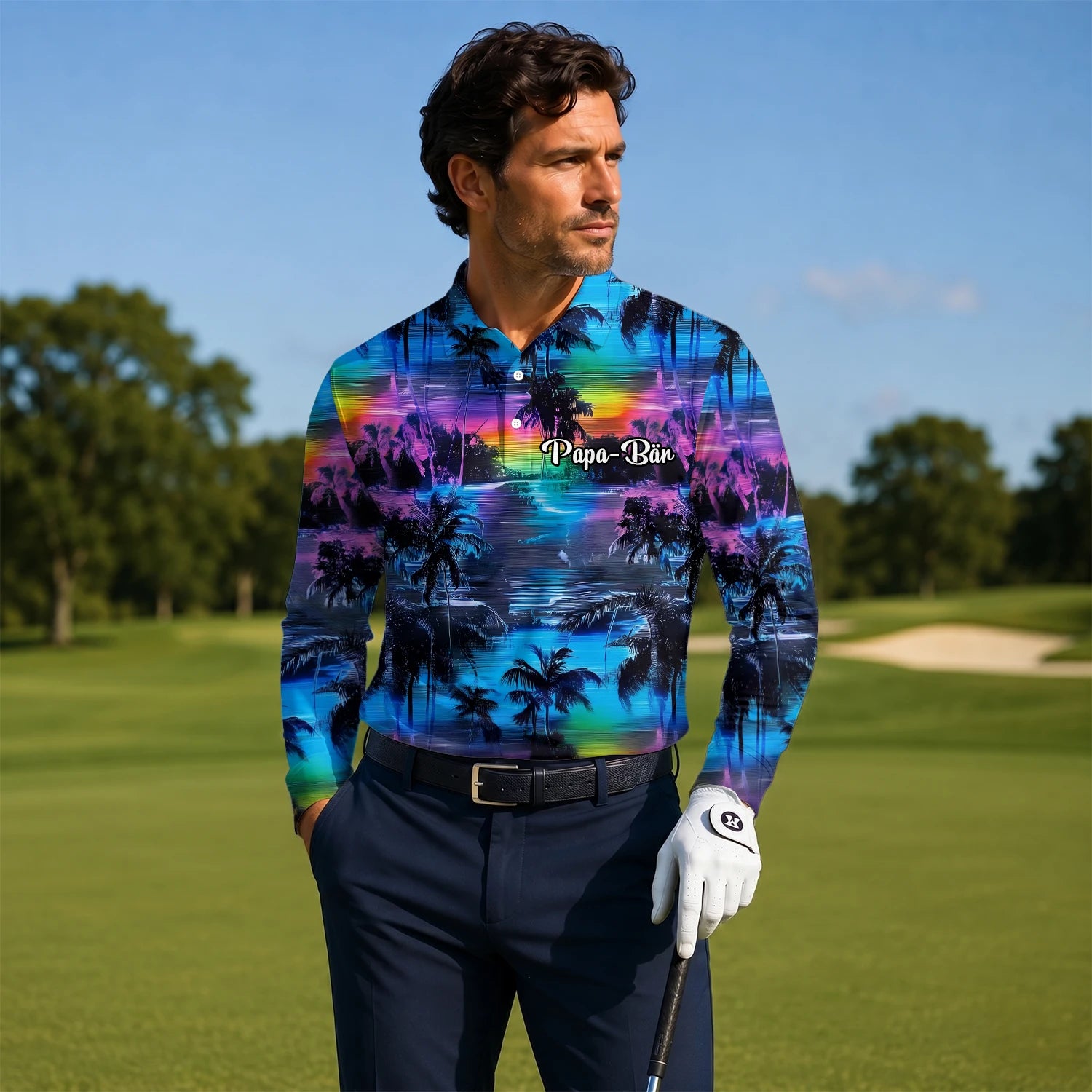 Personalisiertes Golf Poloshirt Blau Lila Palmen Sonnenuntergang Design für Herren K8435